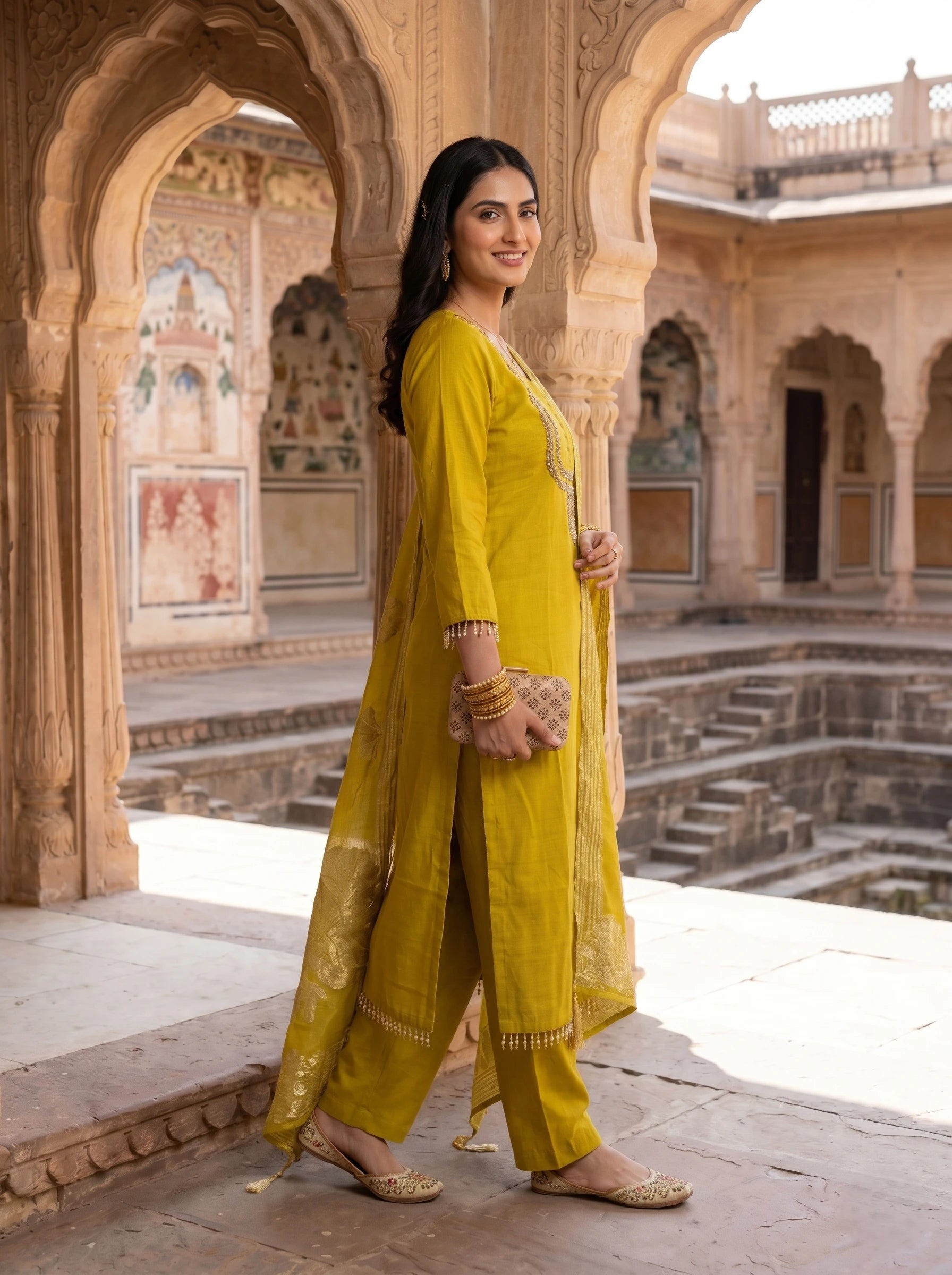 ELEGANT YELLOW KUNDAN WORK SUIT SET