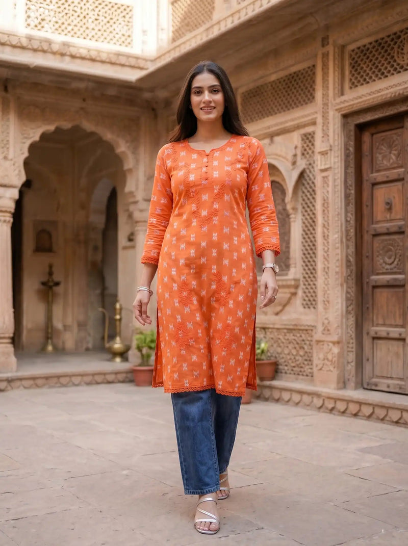 BRIGHT ORANGE EASYWEAR PURE COTTON LONG  KURTI