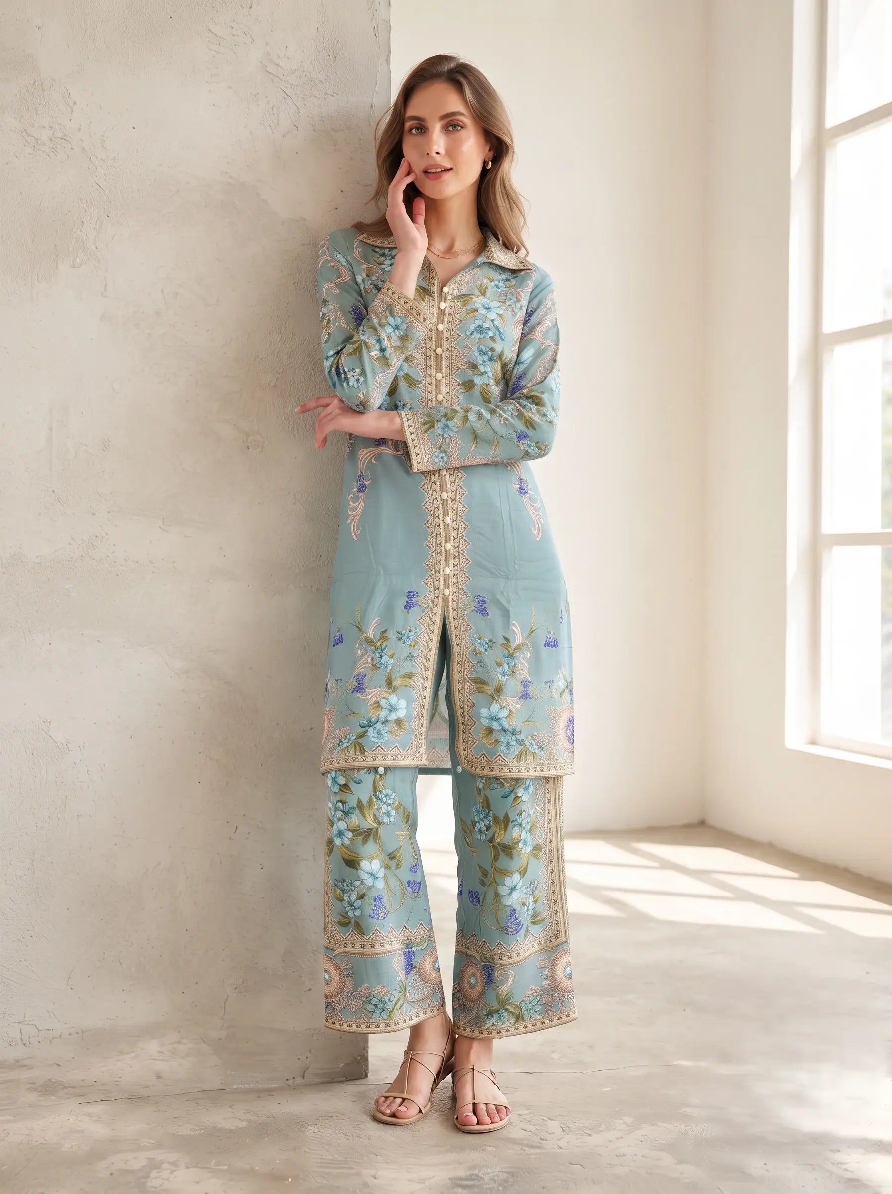 OCEAN BLOOM EMBELLISHED PURE CREPE CO-ORD SET