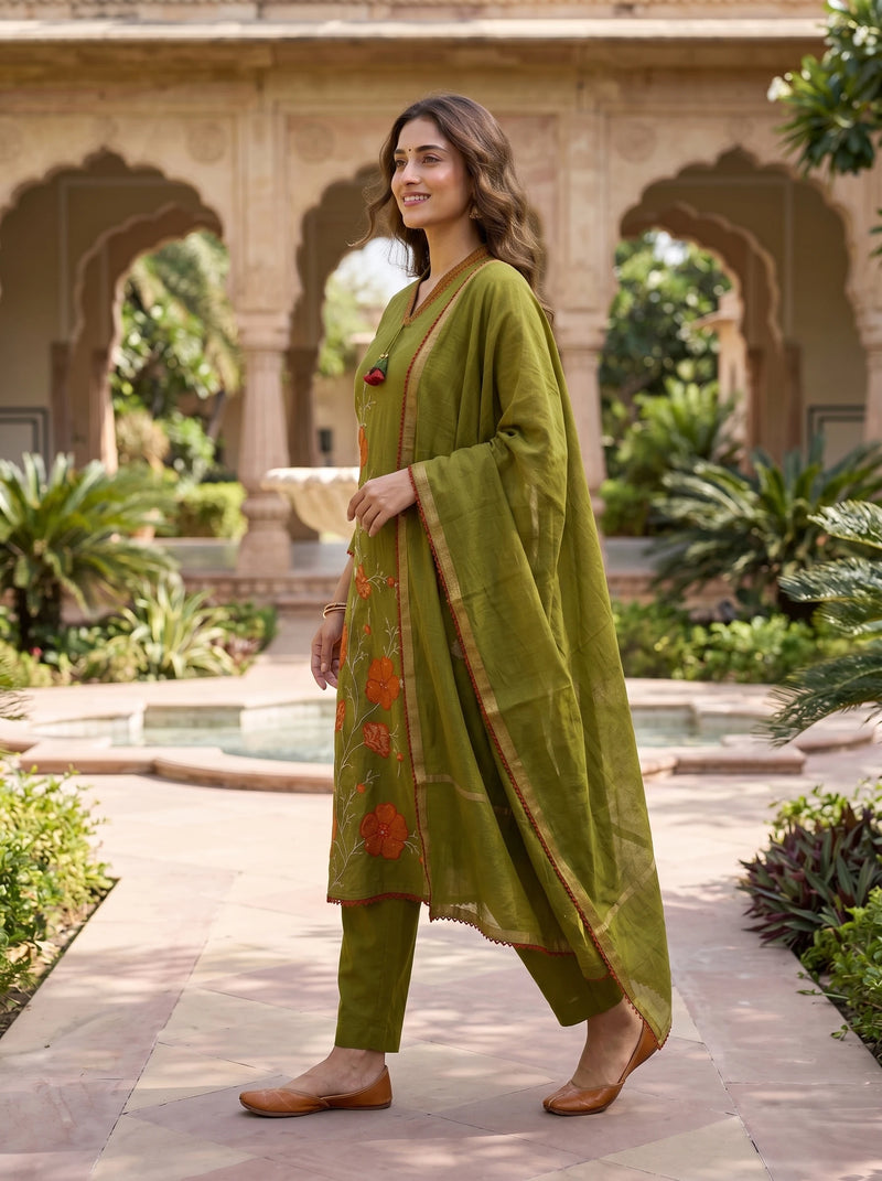 SAGE GREEN THREADWORK MUL COTTON SUIT WITH DUPTTA
