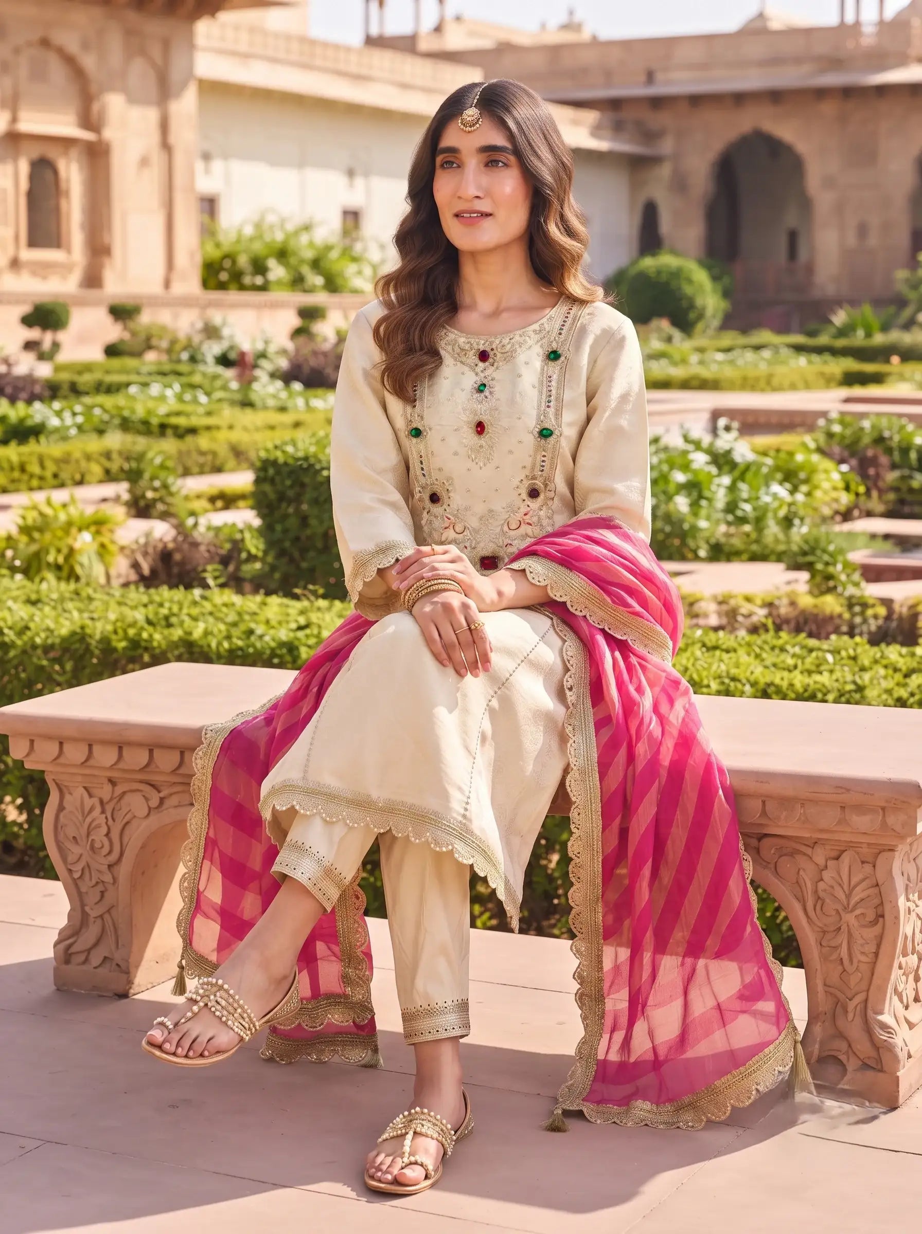 CHAMPAGNE GOLD GEMSTONE EMBELLISHED BANARSI SILK SUIT WITH DUPATTA