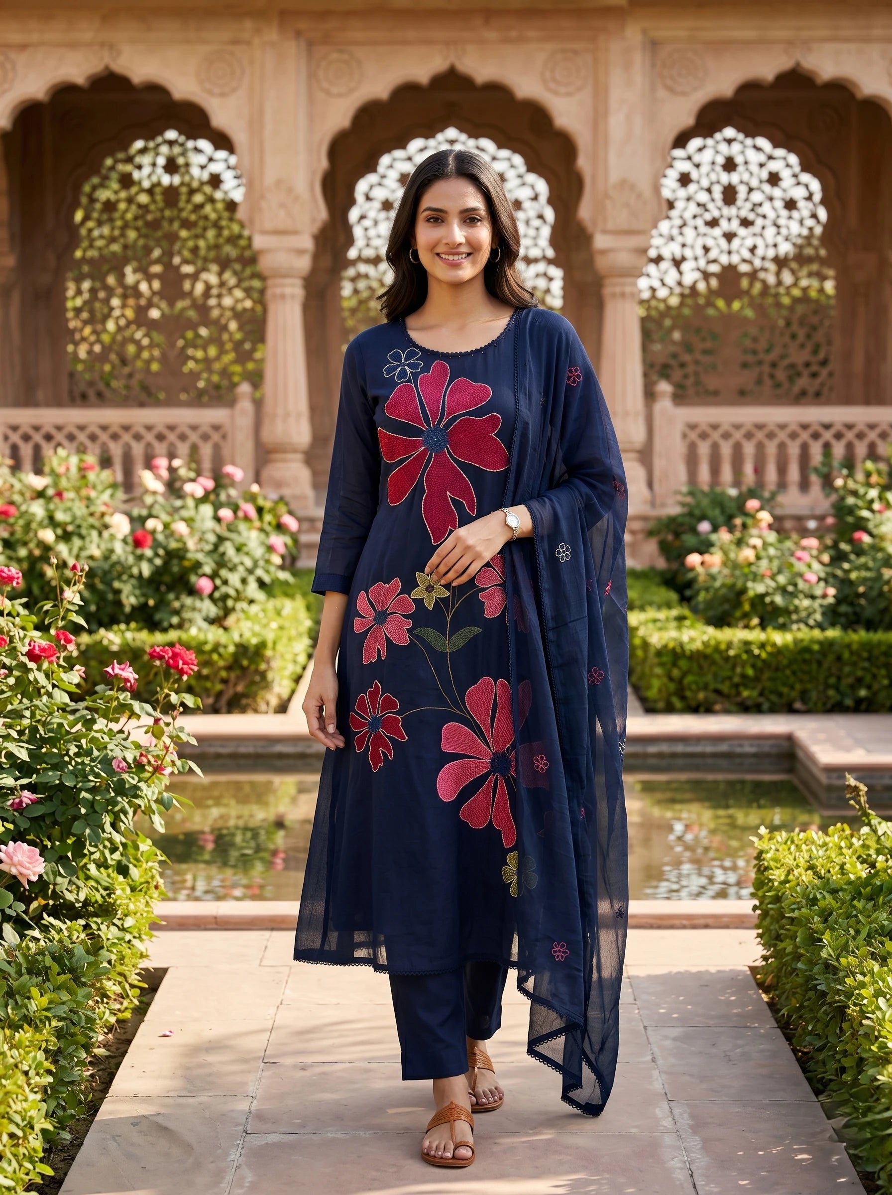 NAVY  BLOSSOM THREADWORK MUL COTTON SUIT SET