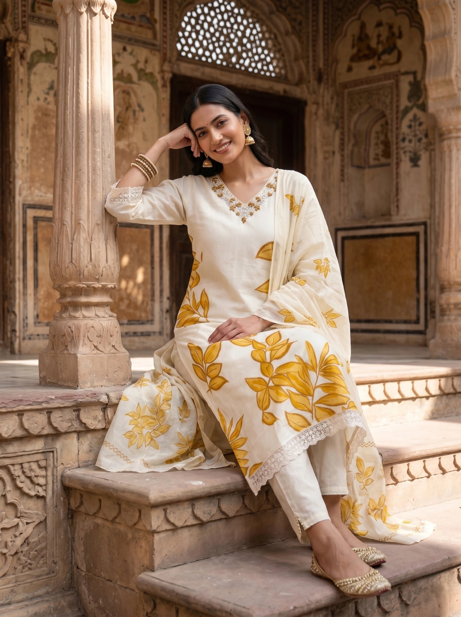 CLASSIC OFF-WHITE EMBROIDERED SUIT SET