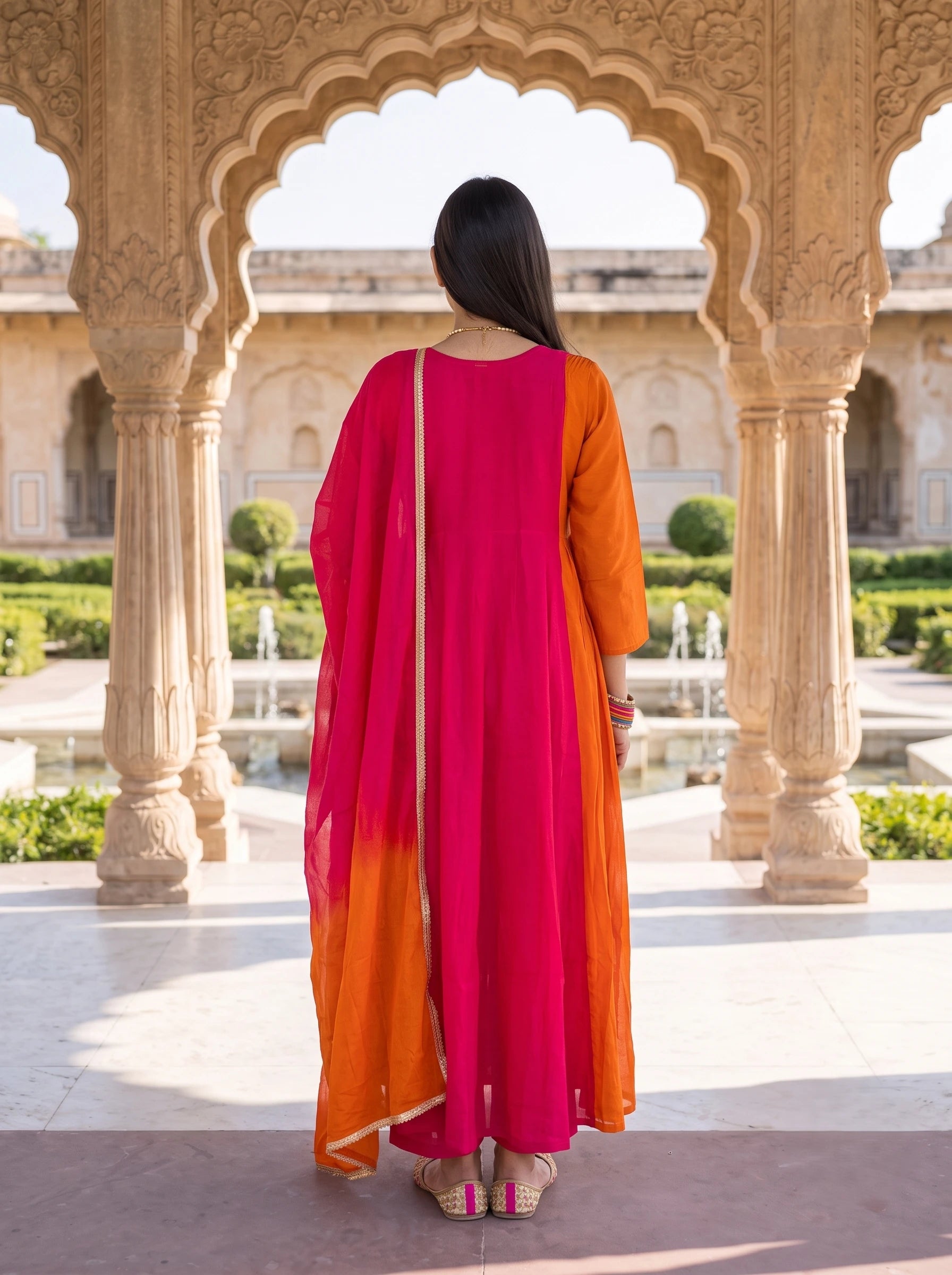 ORANGE PINK DUAL TONE HAND EMBROIDERD FESTIVE ANARKALI  SUIT SET
