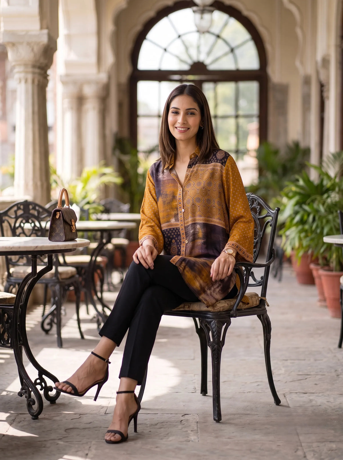 EARTHY TONE PRINTED PURE MUSLIN SHIRT TOP