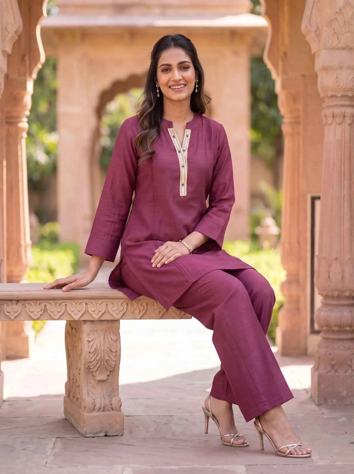 WINE RED EMBROIDERED NECKLINE CASUAL EVERYDAY  WEAR CO-ORD SET