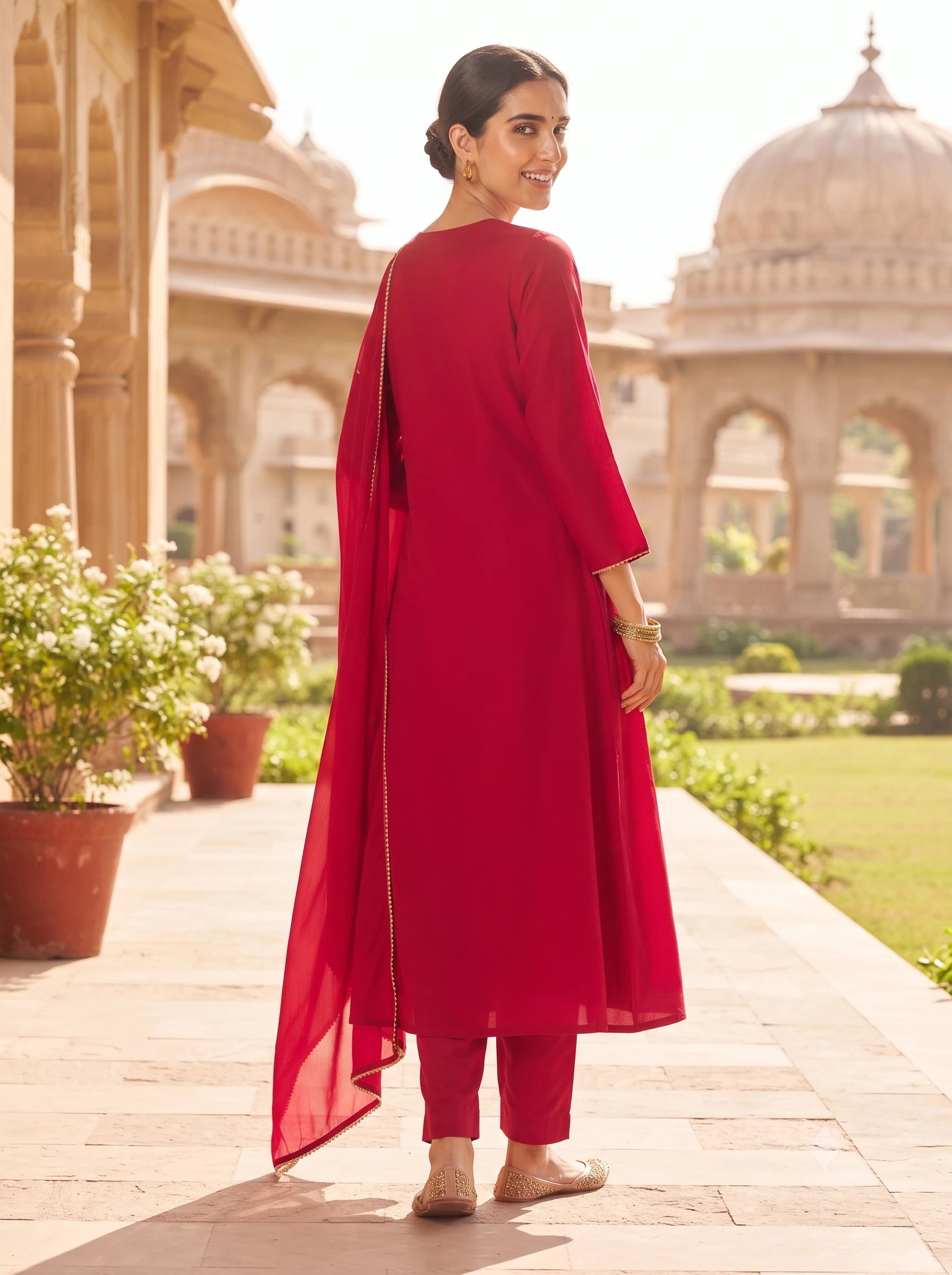 MAGENTA GOLDEN EMBROIDERED ANGRAKHA STYLE DOLA SILK SUIT SET