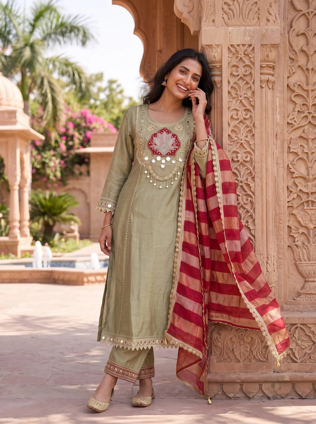 SAGE GREEN ROYAL FLORAL SEQUIN EMBROIDERED FESTIVE SUIT SET