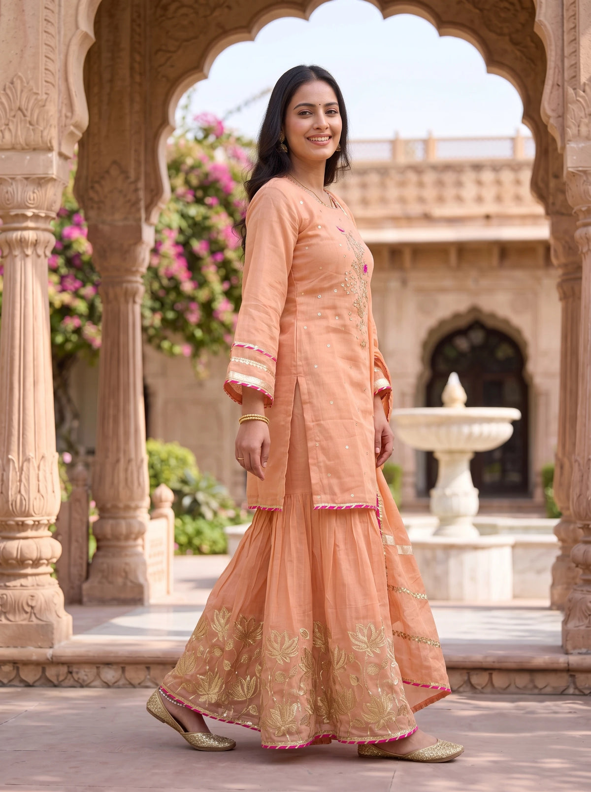 PEACH BLOOM HAND EMBROIDERED BANARSI MUL CHANDERI SUIT SET