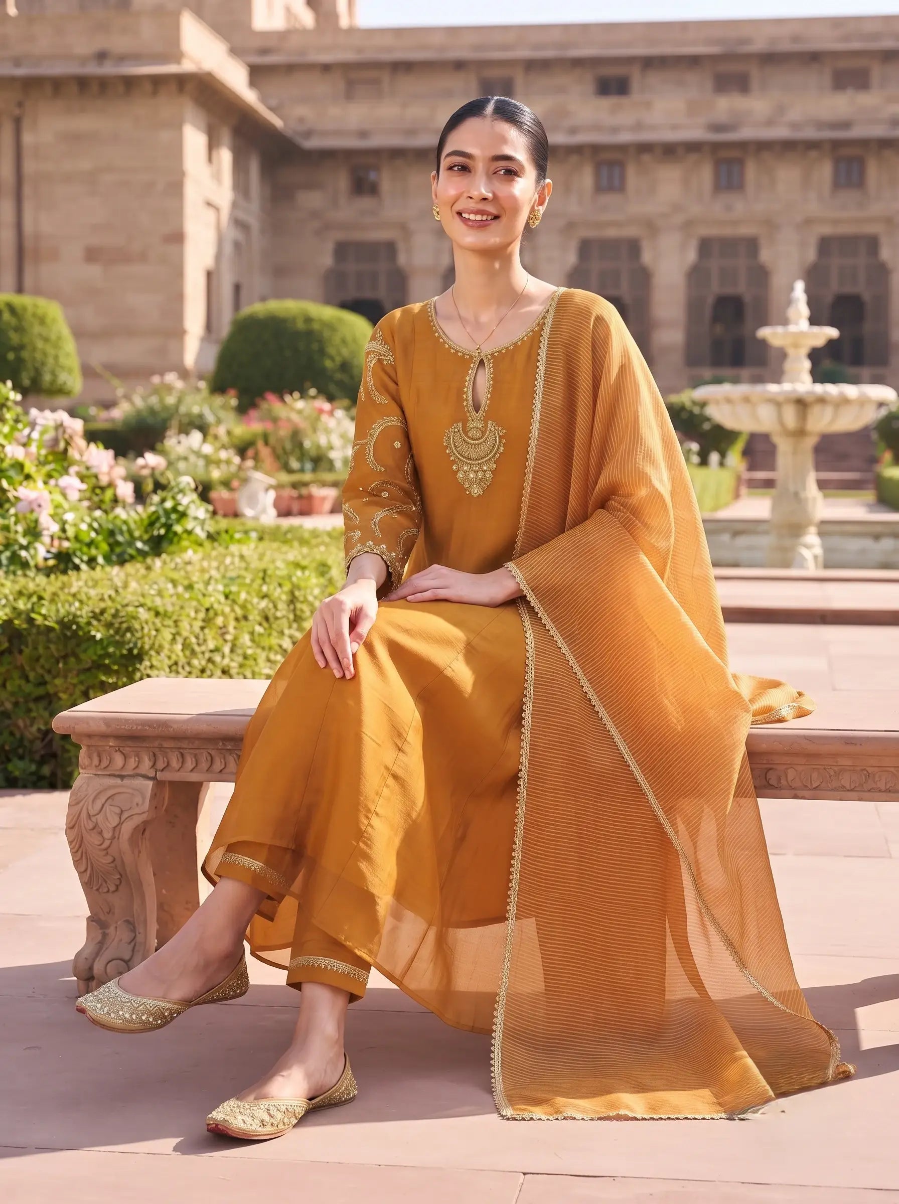 CARAMEL BROWN DESIGNER HAND EMBROIDERED FESTIVE SUIT SET