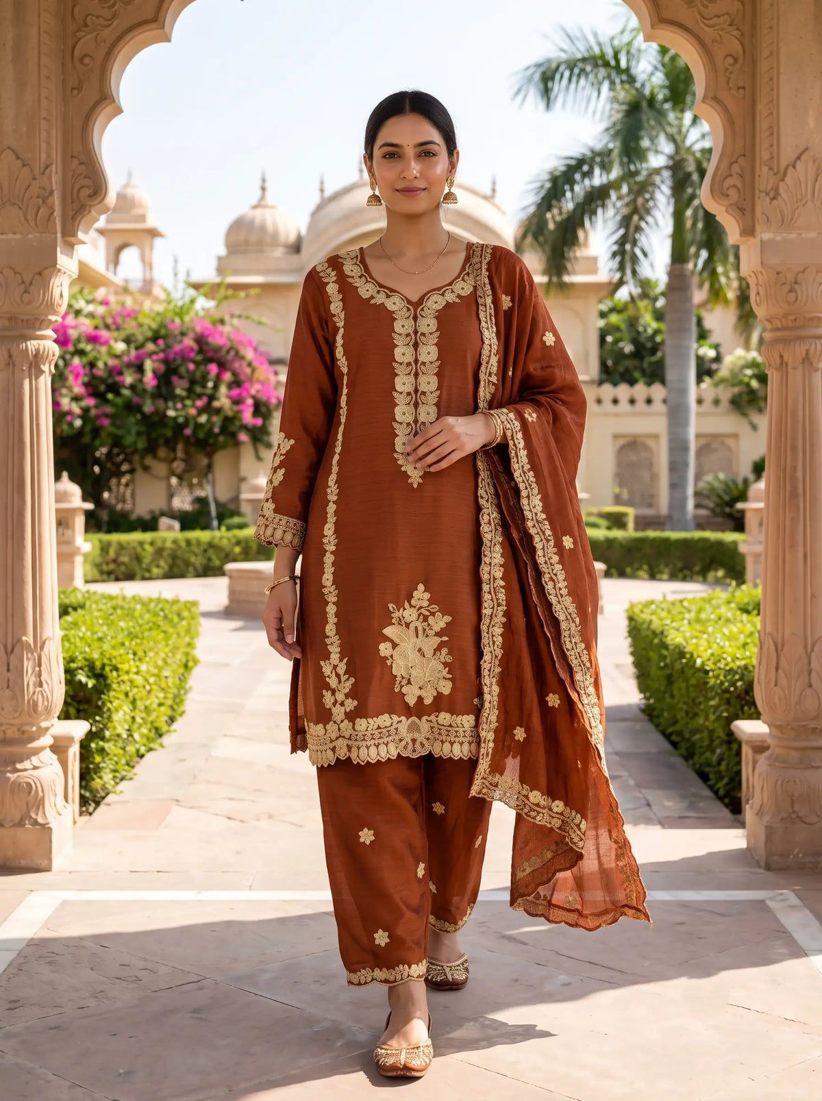 RUST BROWN HEAVY FLORAL EMBROIDERED FESTIVE SUIT SET