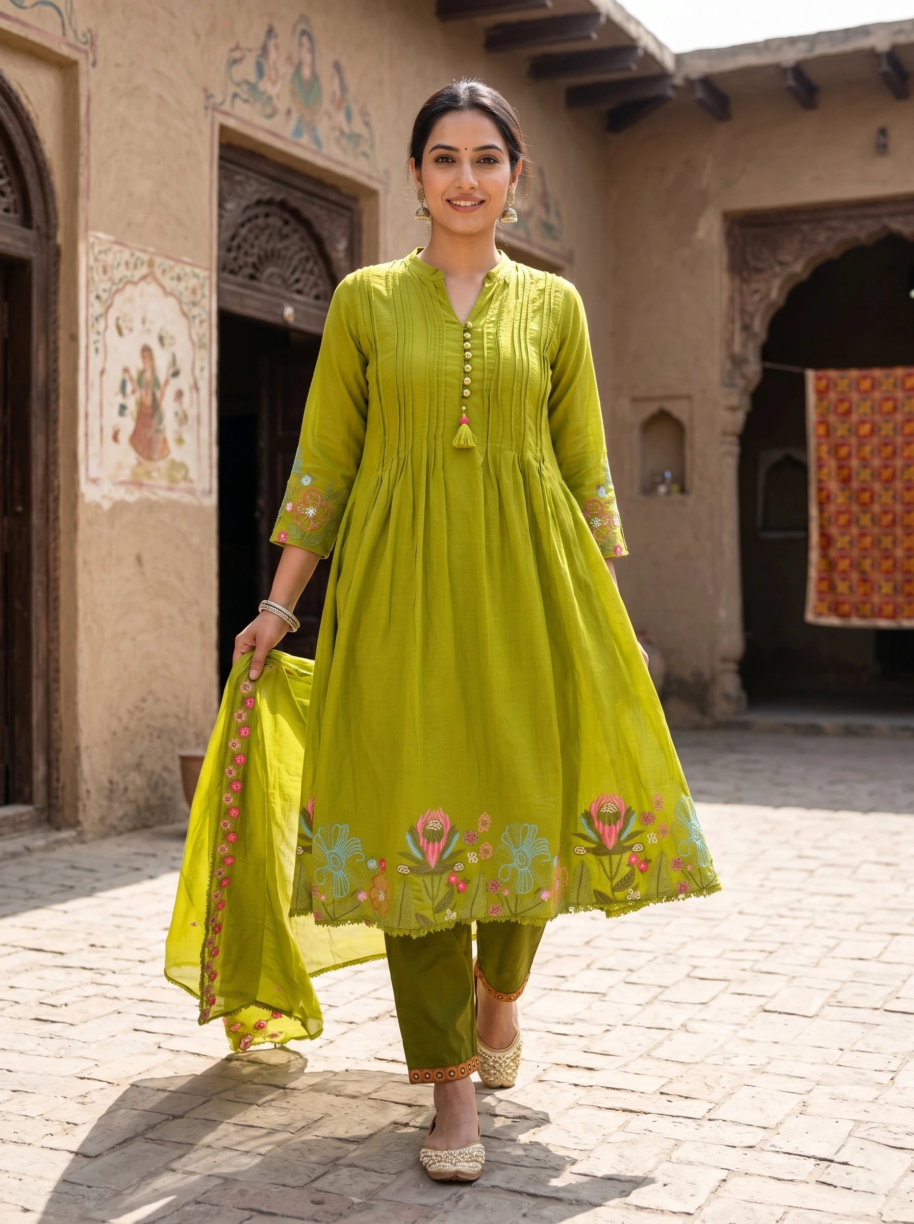 GREEN AURA THREADWORK MUL COTTON SUIT SET