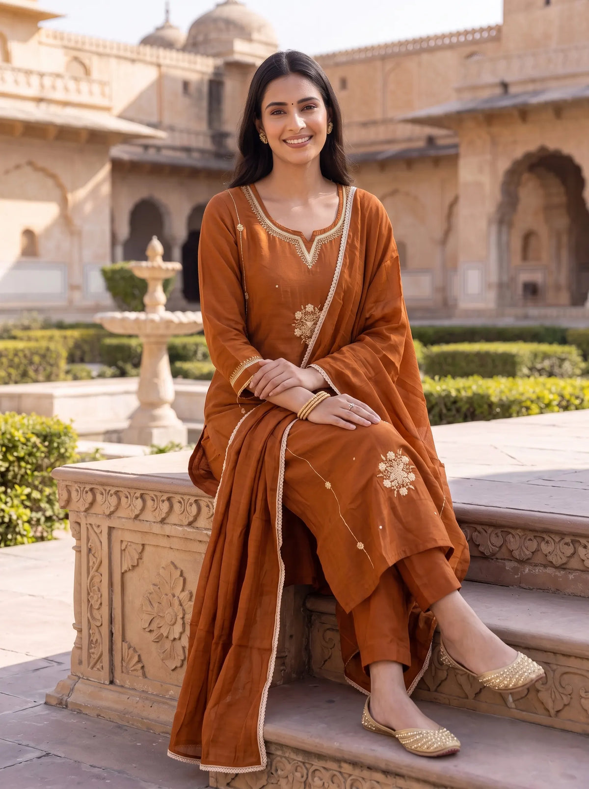 MUSTARD BROWN EMBELLISHED HAND EMBROIDERED STRAIGHT SUIT SET