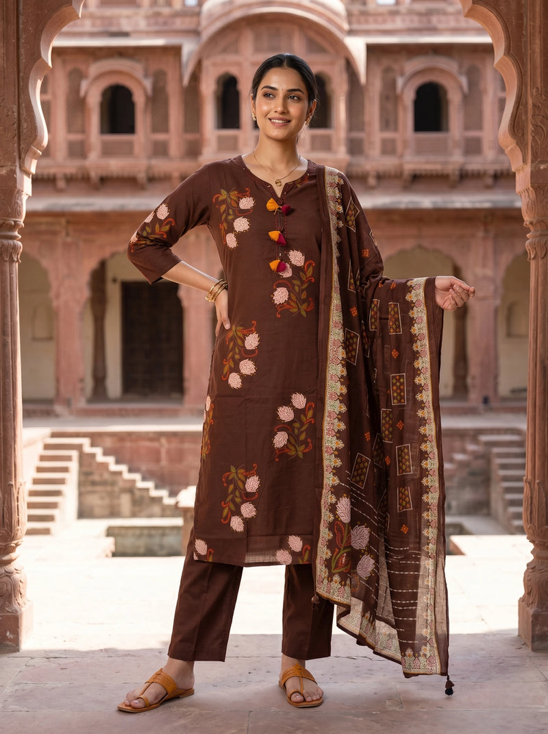 COFFEE  BROWN FLORAL ORGANIC  COTTON SUIT WITH DUPATTA