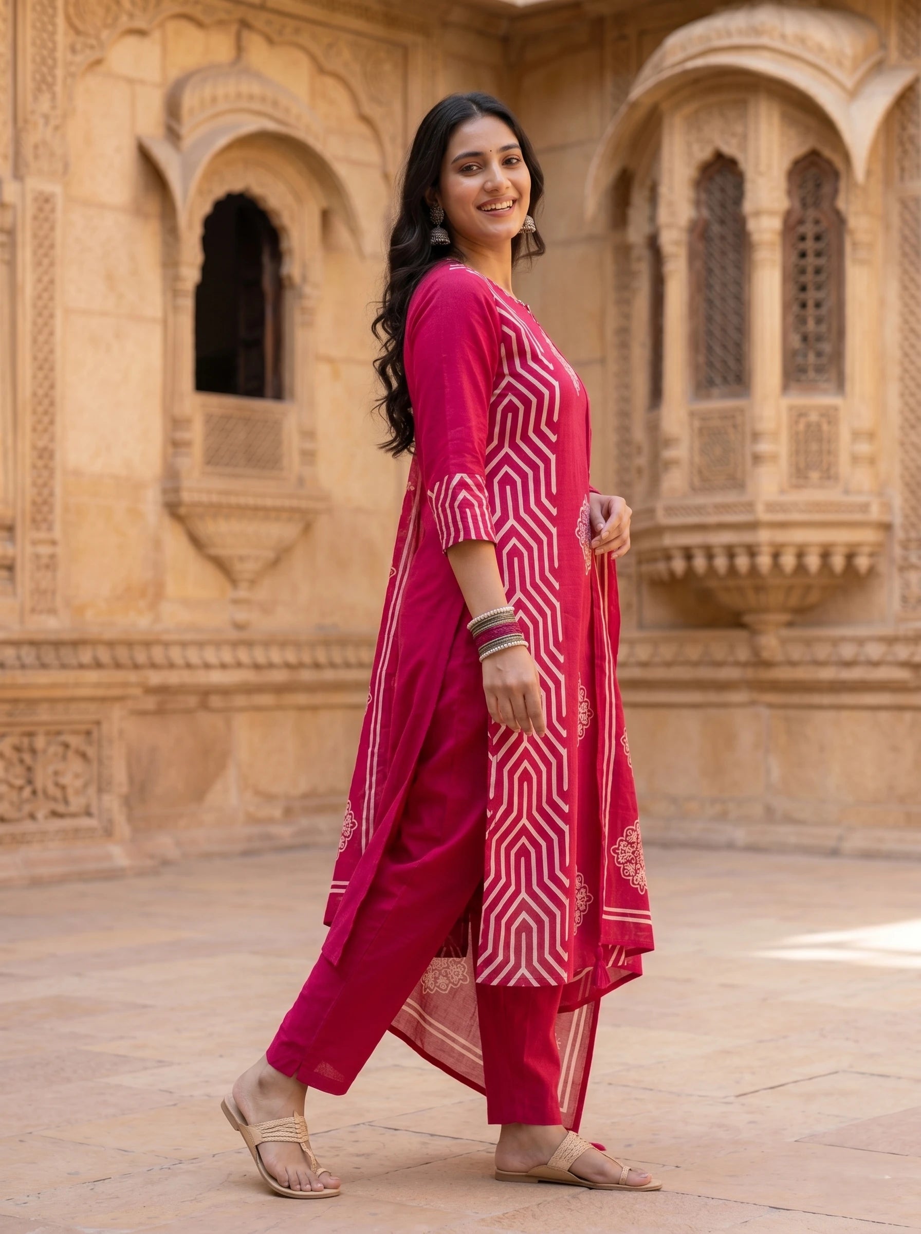 RANI PINK BLOCK PRINTED HANDWORK  SUIT SET