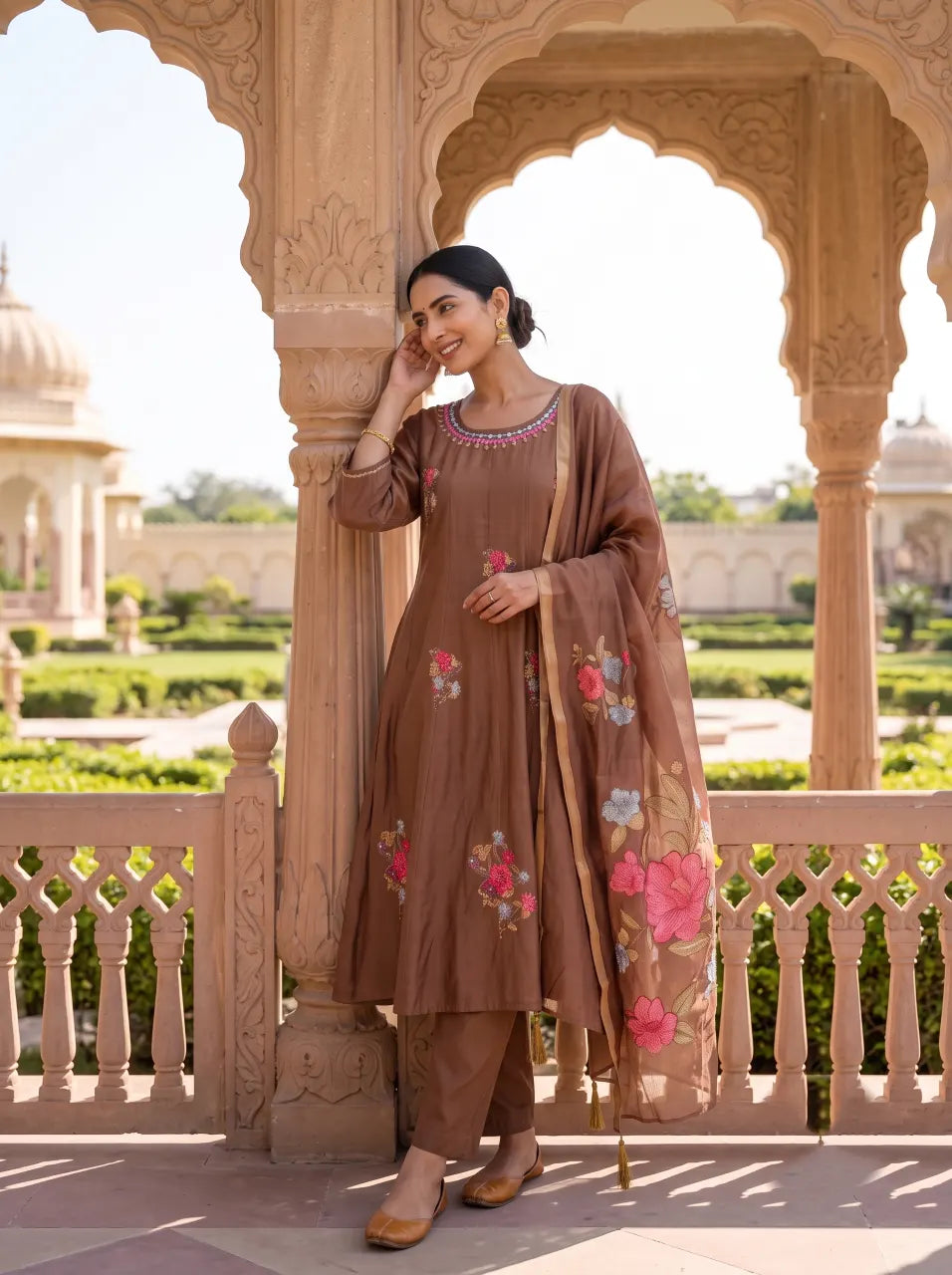 BROWN FLORAL HAND EMBROIDERED  MIRROR WORK  SUIT WITH DUPATTA