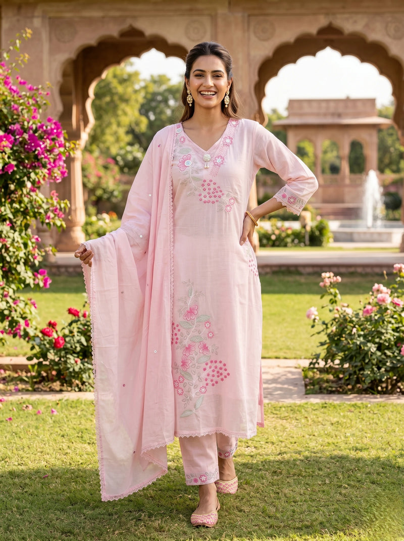 BLUSH PINK FLORAL EMBROIDERED MUL COTTON SUIT SET