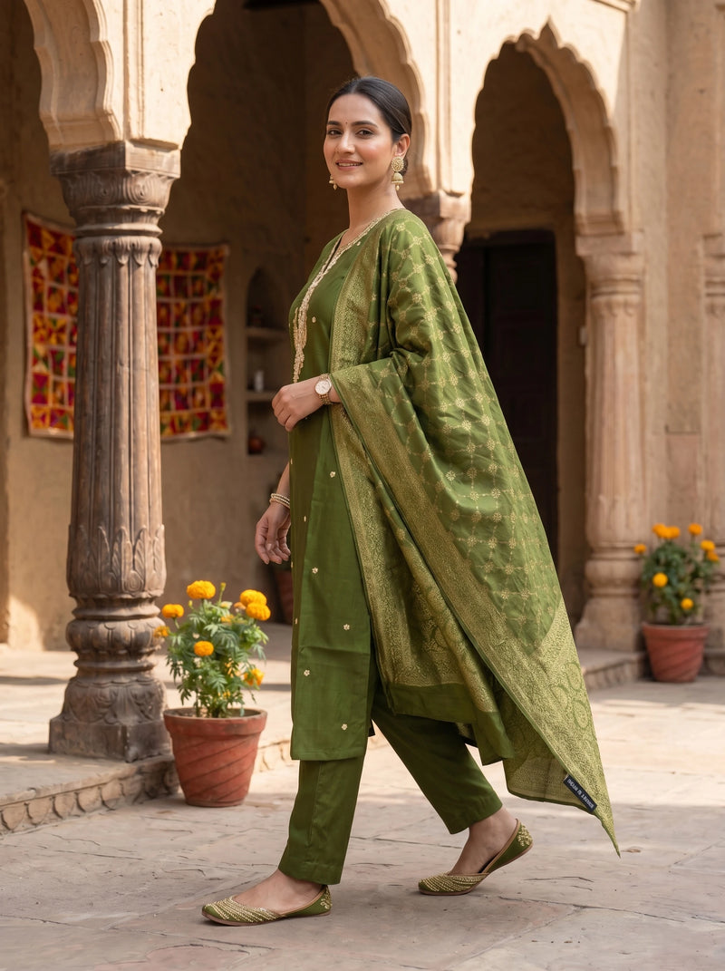 KAINAT MEHNDI GREEN PURE MUL CHANDERI SUIT SET
