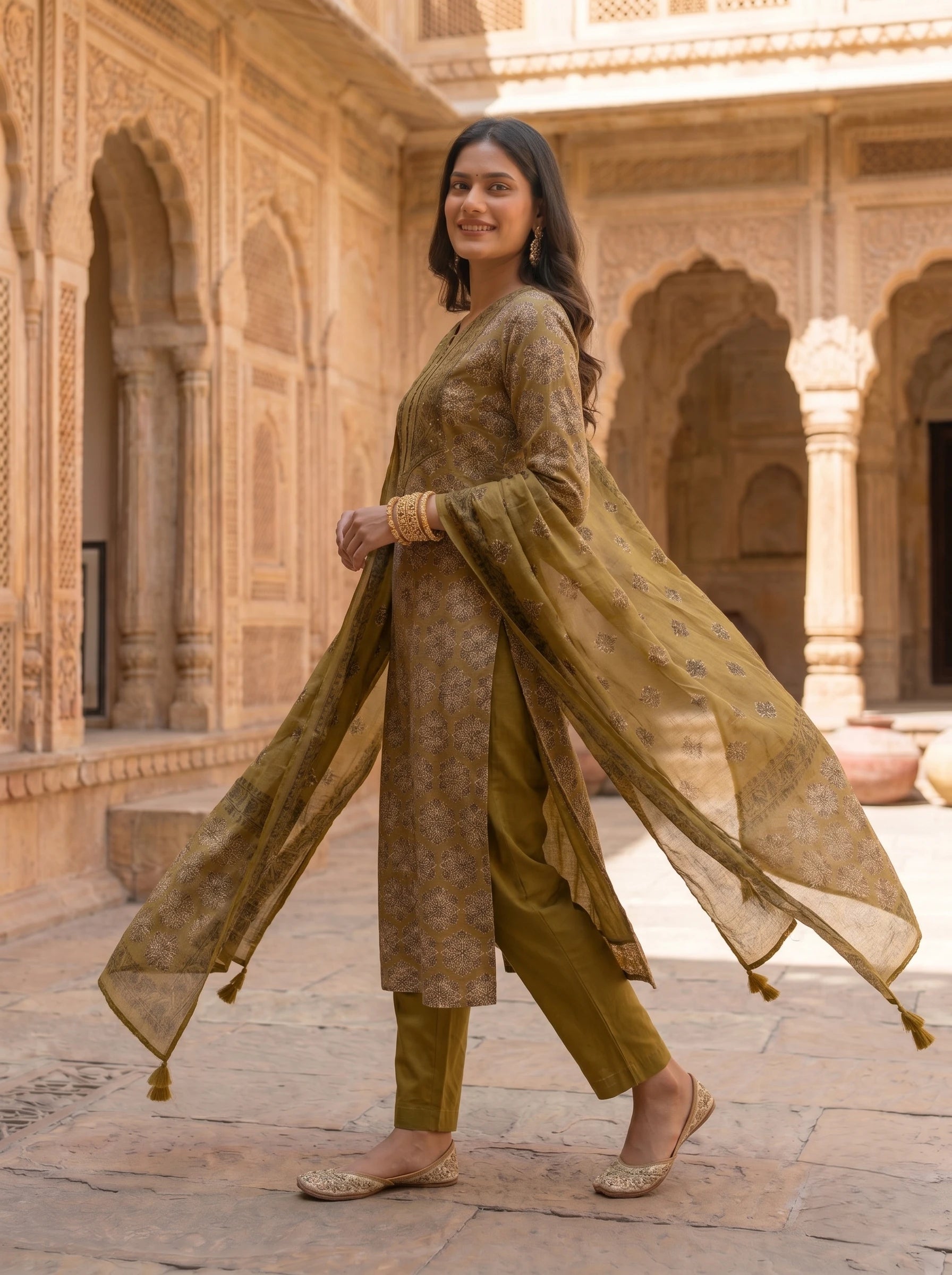 MUSTARD GOLD PRINTED SUIT SET