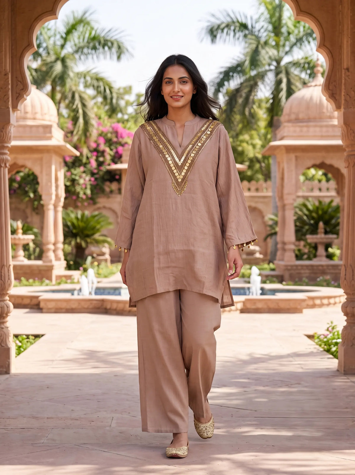 BROWN AND GOLD SEQUINED FESTIVE PURE MUSLIN CO-ORD SET