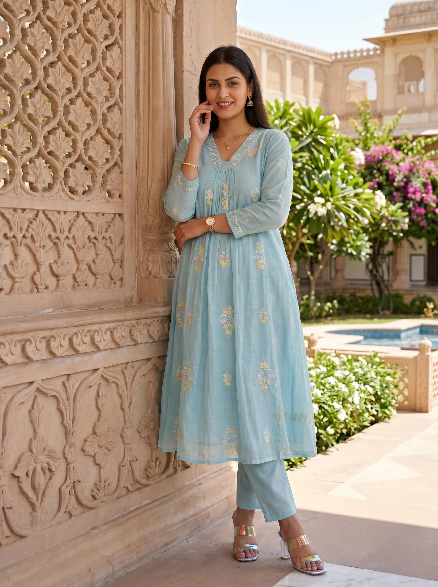 AQUA MIST ELEGANCE HAND EMBROIDERED SUIT SET
