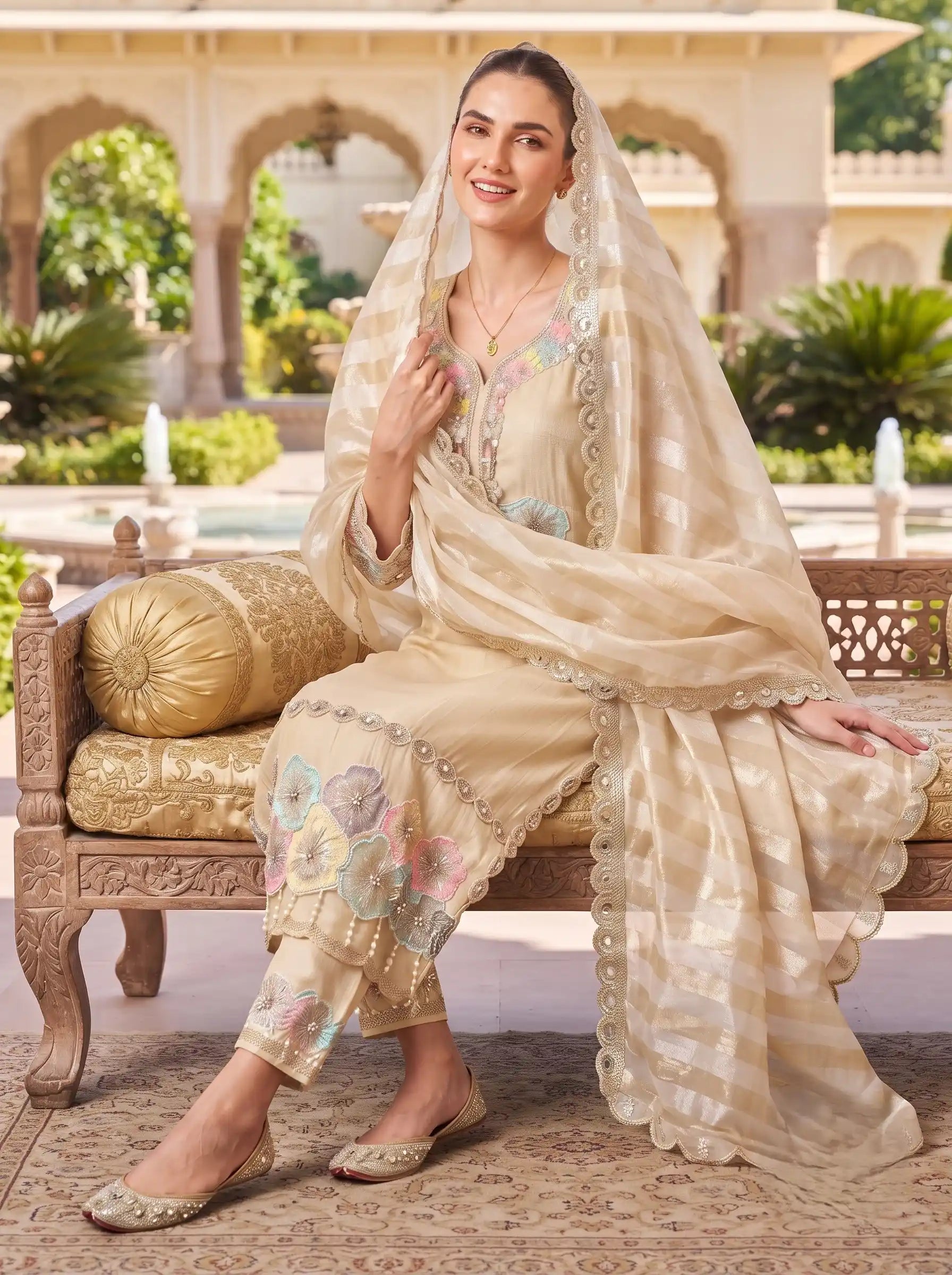 PEARL BLOSSOM EMBROIDERED SHIMMER TISSUE FESTIVE  SUIT SET