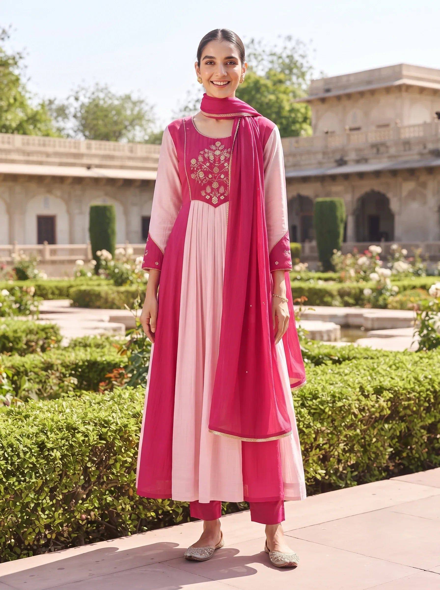 RASPBERRY PINK SEQUIN EMBROIDERED BANARSI MUL CHANDERI SUIT SET