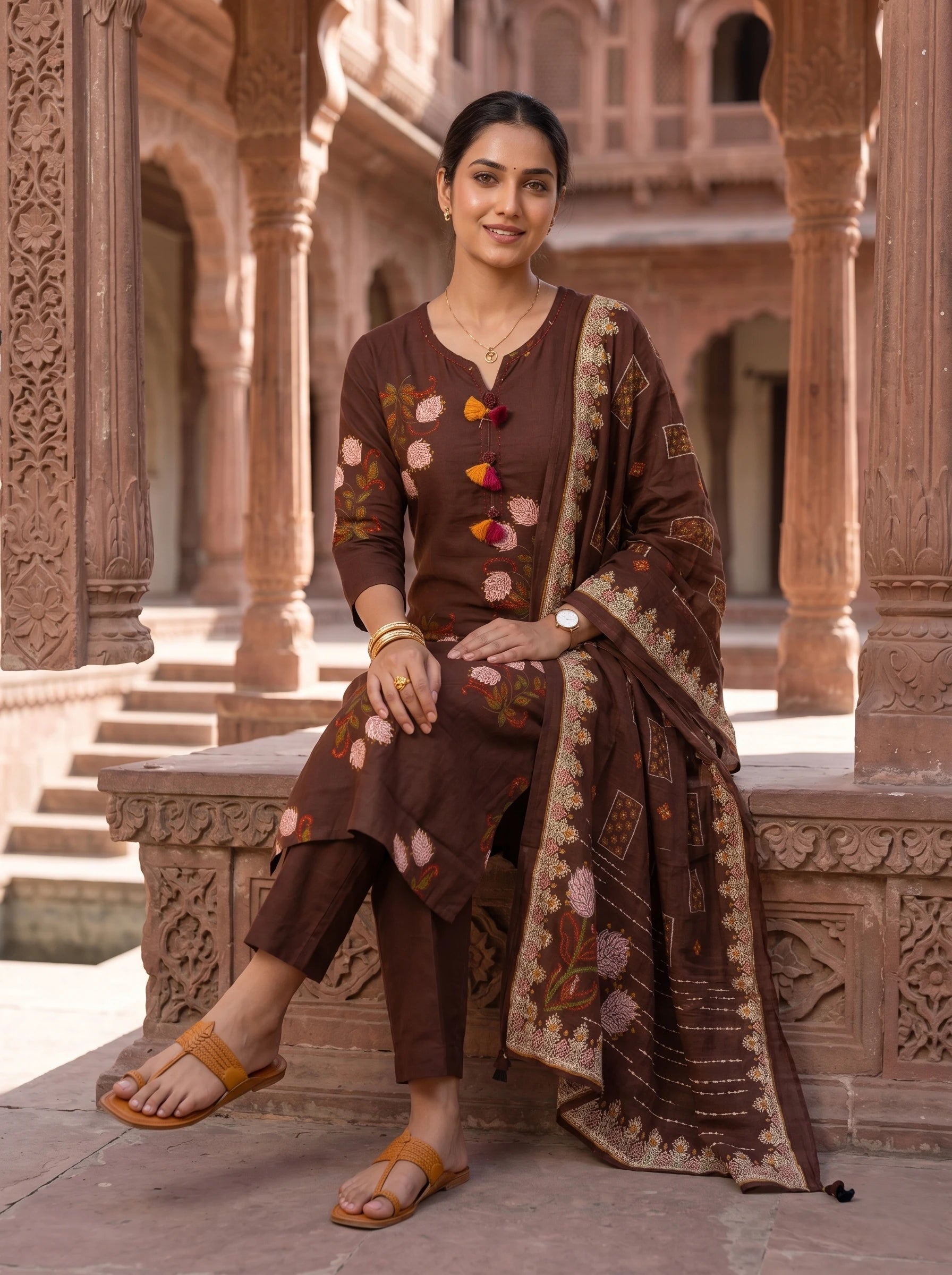 COFFEE  BROWN FLORAL  COTTON SUIT  SET