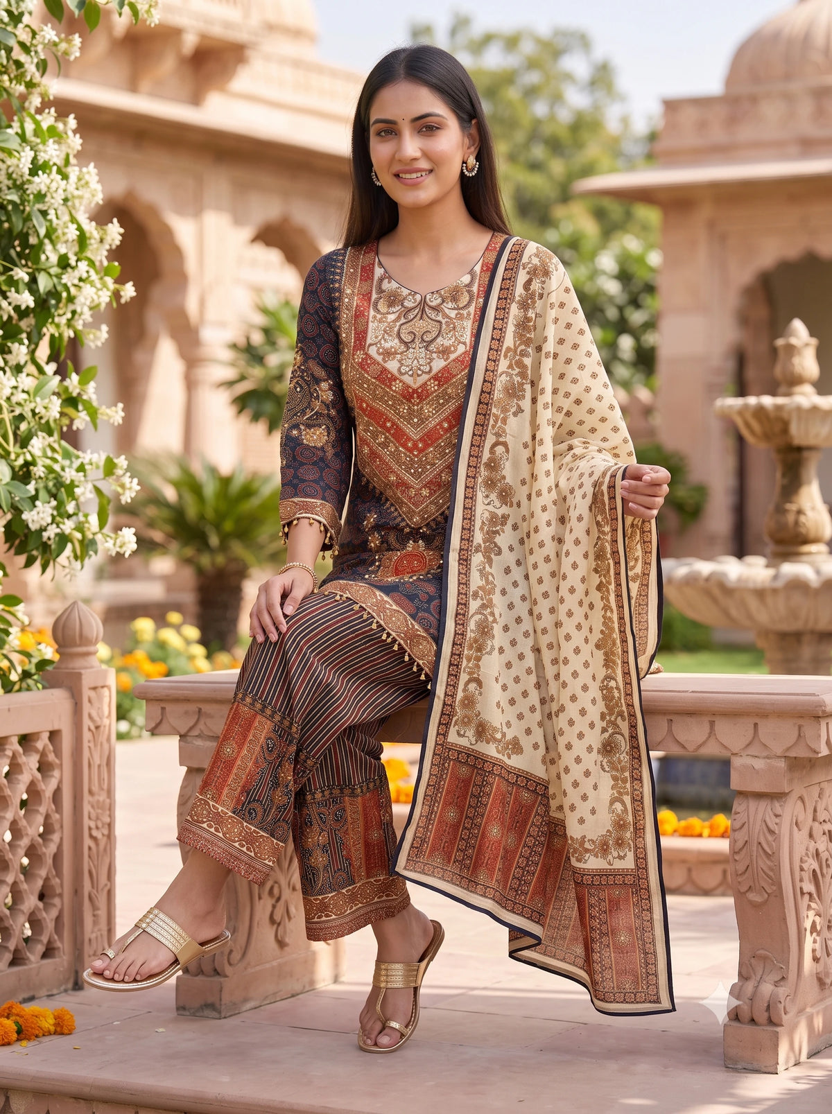MIDNIGHT PAISLEY PRINTED EMBELLISHED PURE MUSLIN SUIT SET