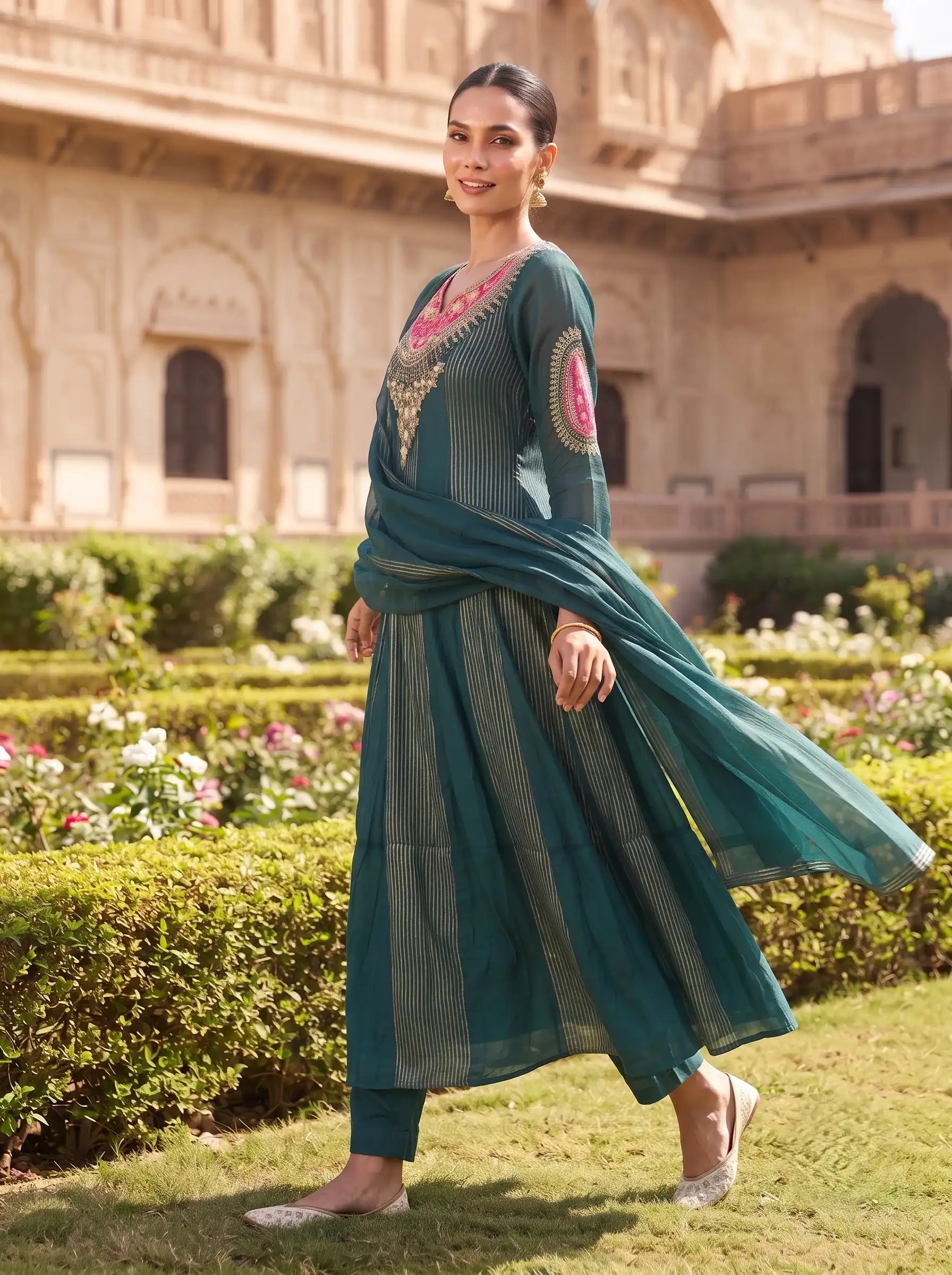 DARK TURQUOISE DESIGNER HAND EMBROIDERED FESTIVE SUIT SET