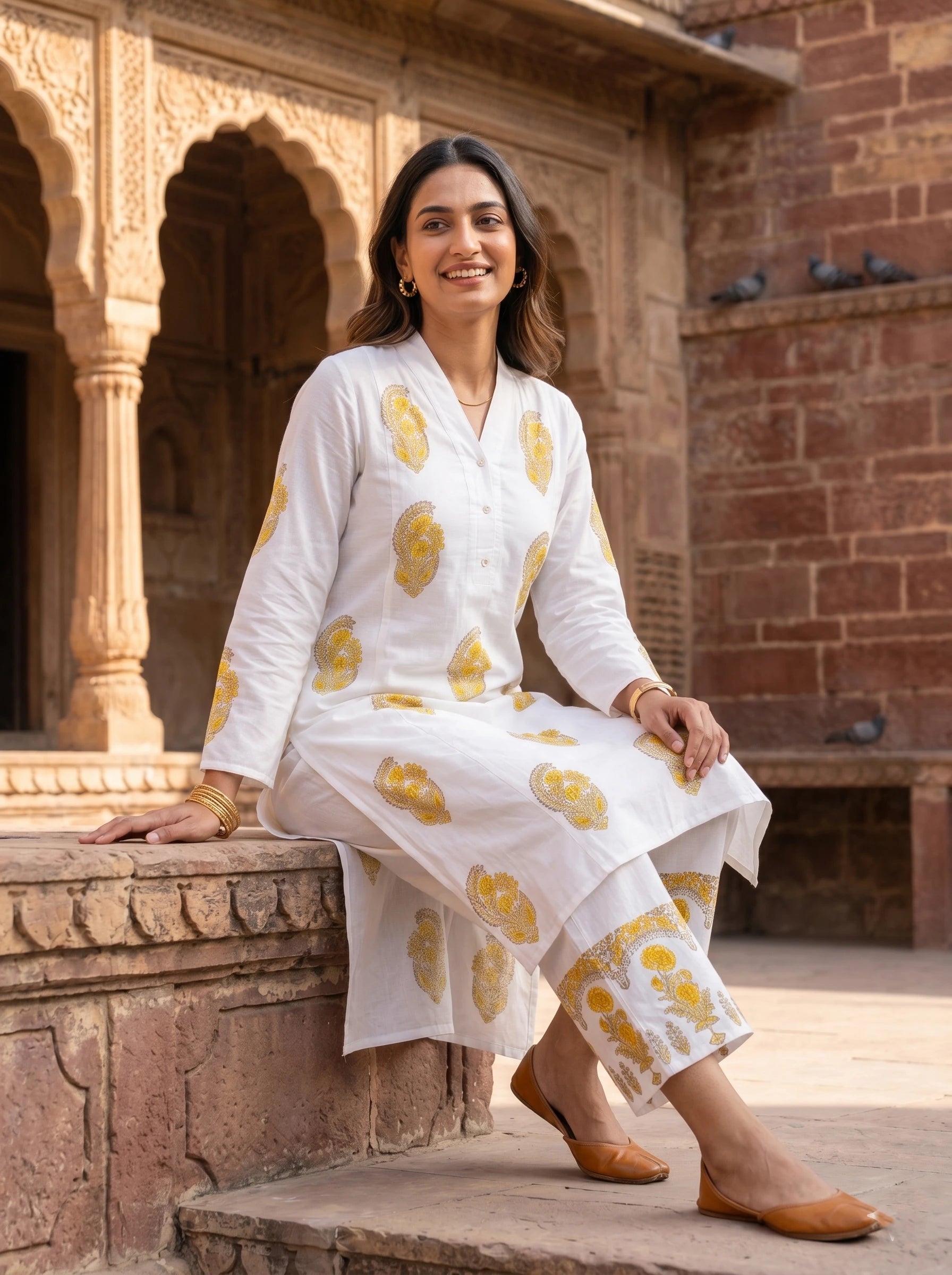 WARM WHITE BLOCK PRINT KURTA SET