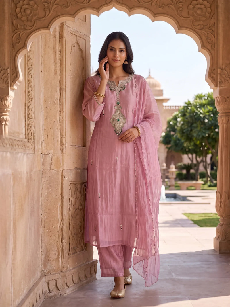 DUSTY PINK DESIGNER HAND EMBROIDERED FESTIVE SUIT SET