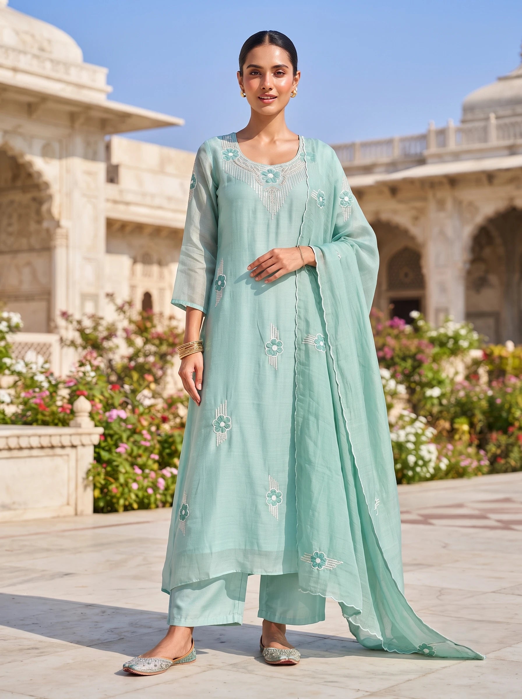 PASTEL SAGE GREEN HAND EMBELLISHED ETHNIC SUIT WITH DUPATTA