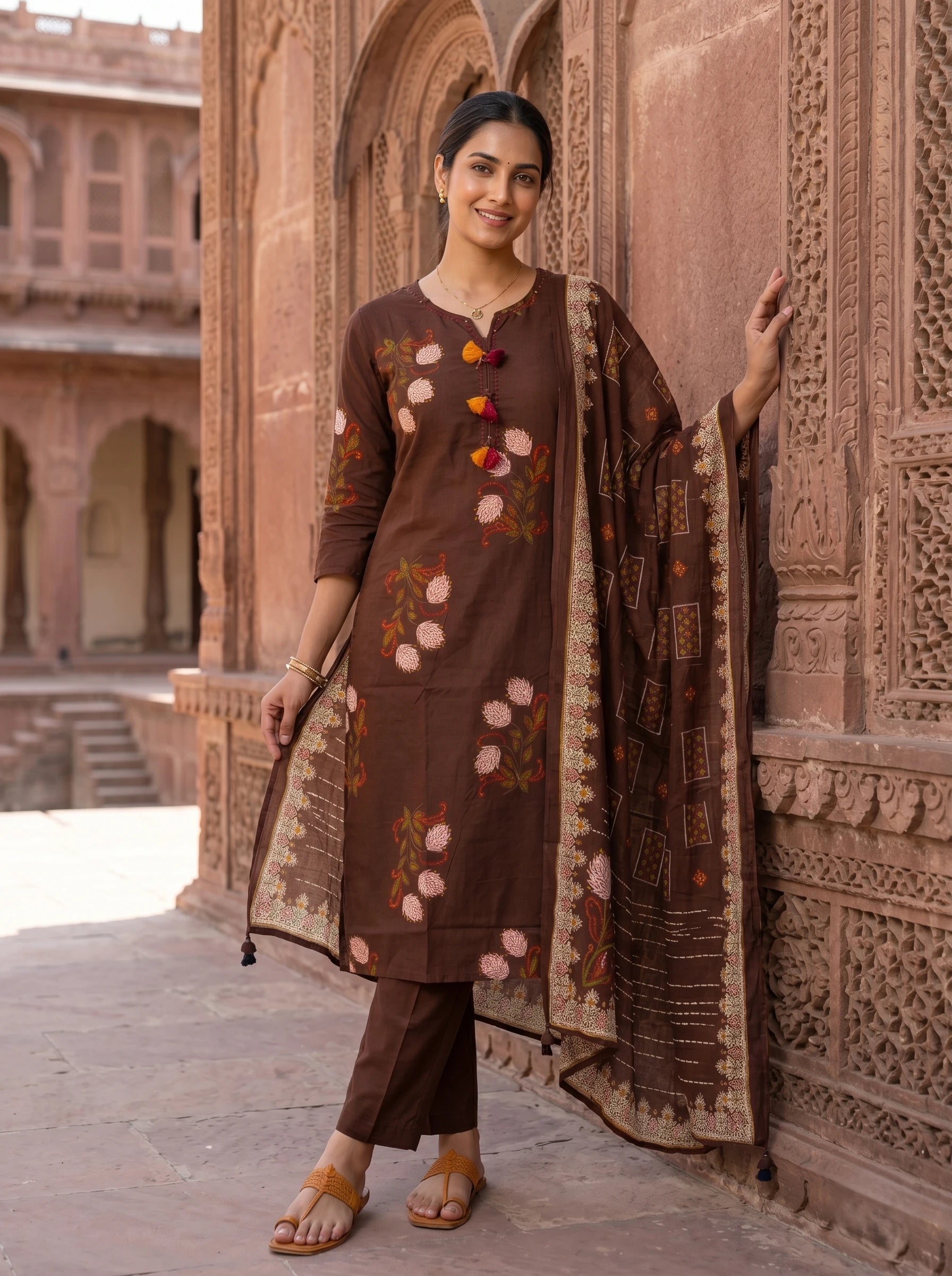 COFFEE  BROWN FLORAL  COTTON SUIT  SET