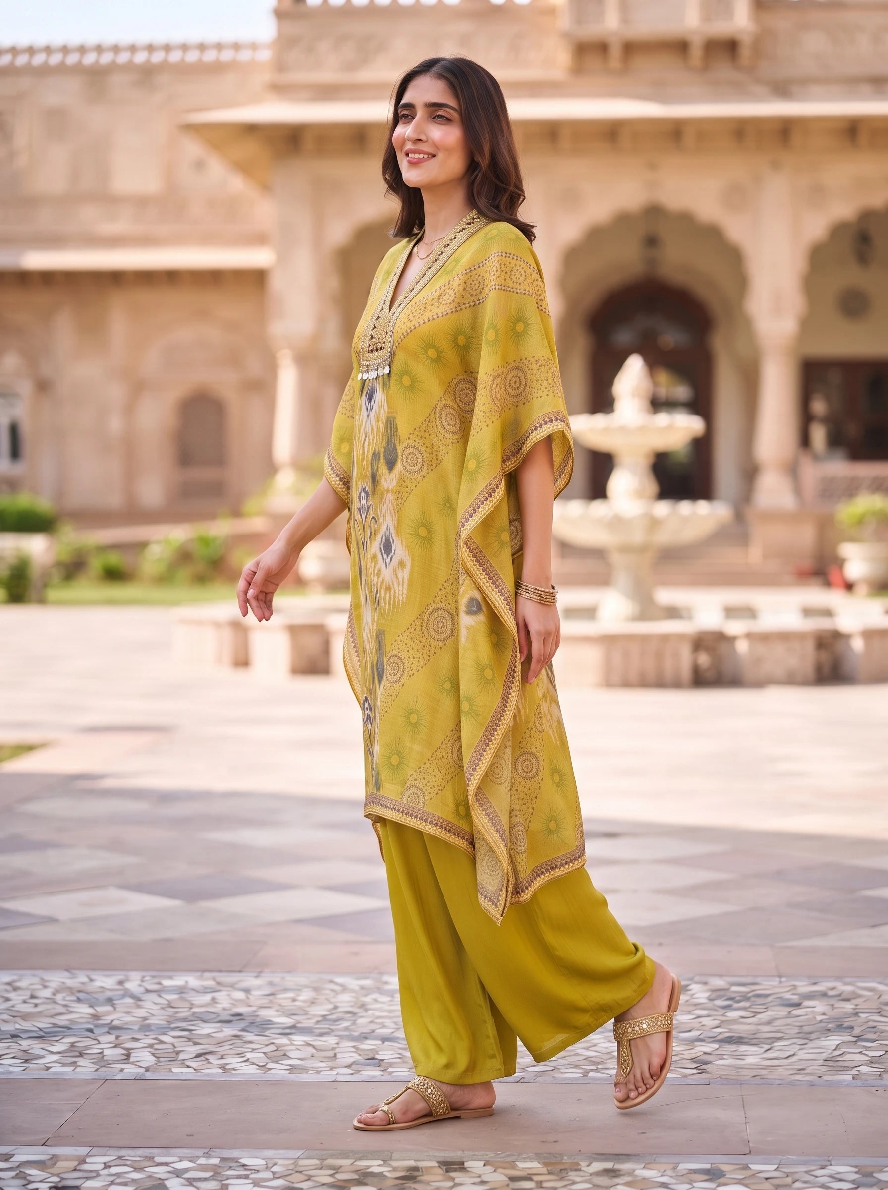 MUSTARD YELLOW PRINTED PURE CHINON KAFTAN CO-ORD SET