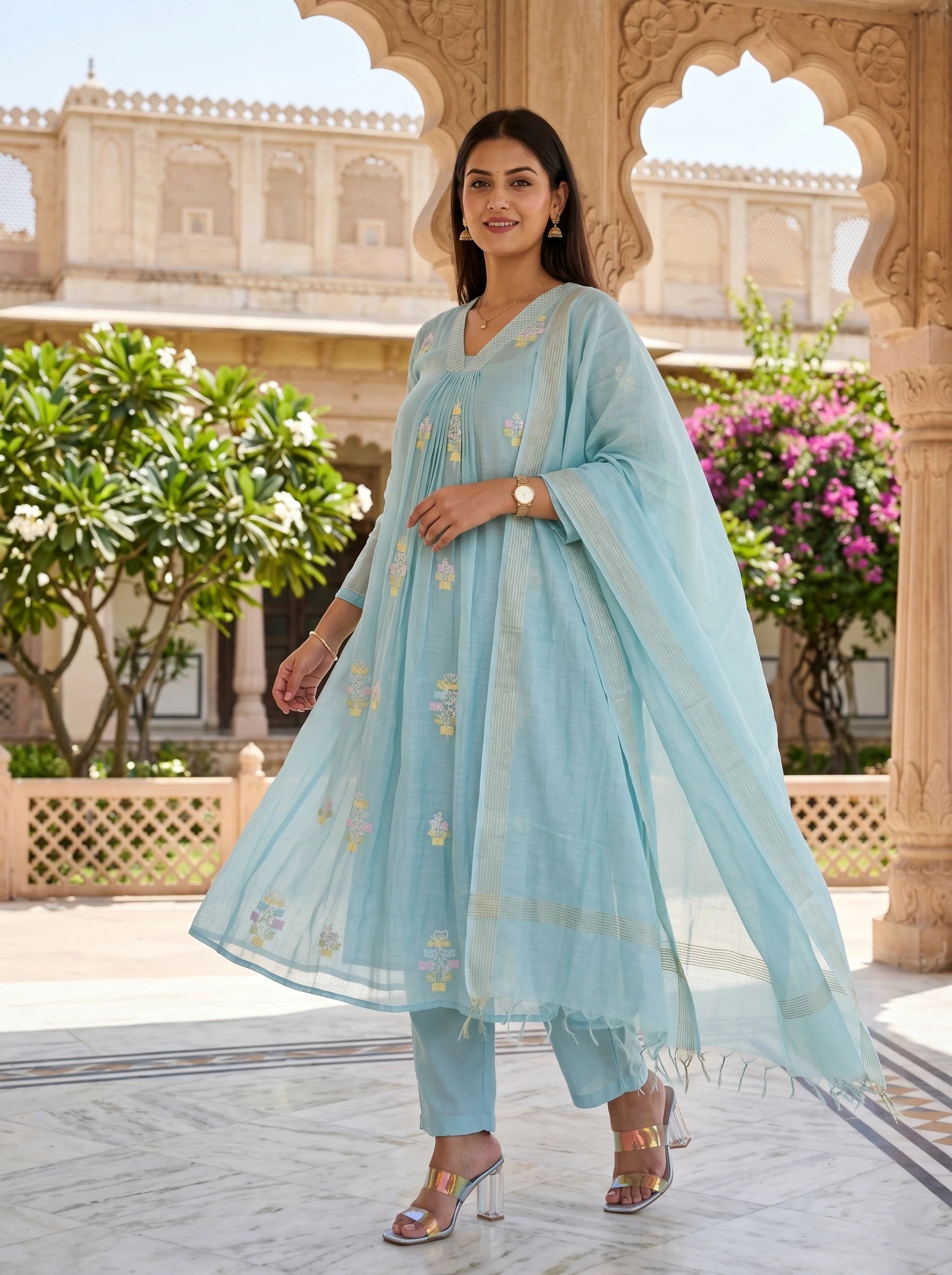 AQUA MIST ELEGANCE HAND EMBROIDERED SUIT SET