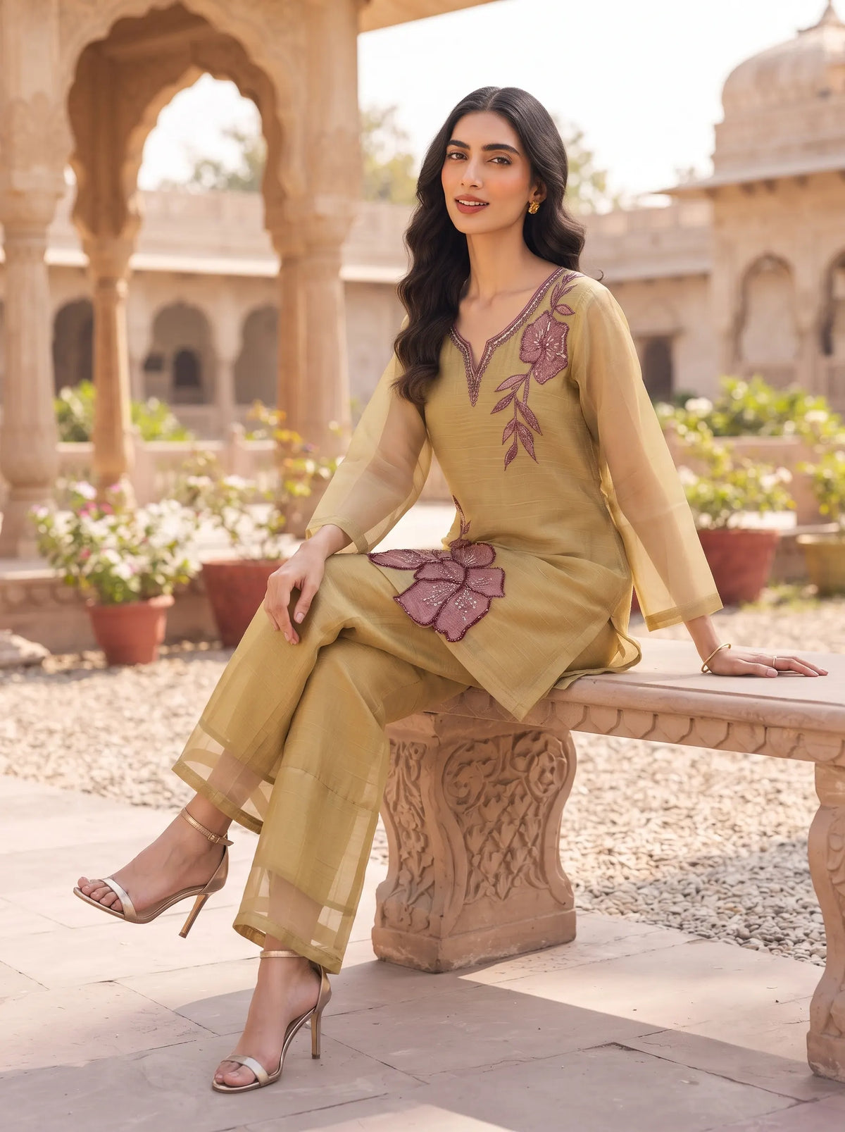 TAUPE WINE EMBROIDERED NECKLINE CRUSH TISSUE FESTIVE CO-ORD SET