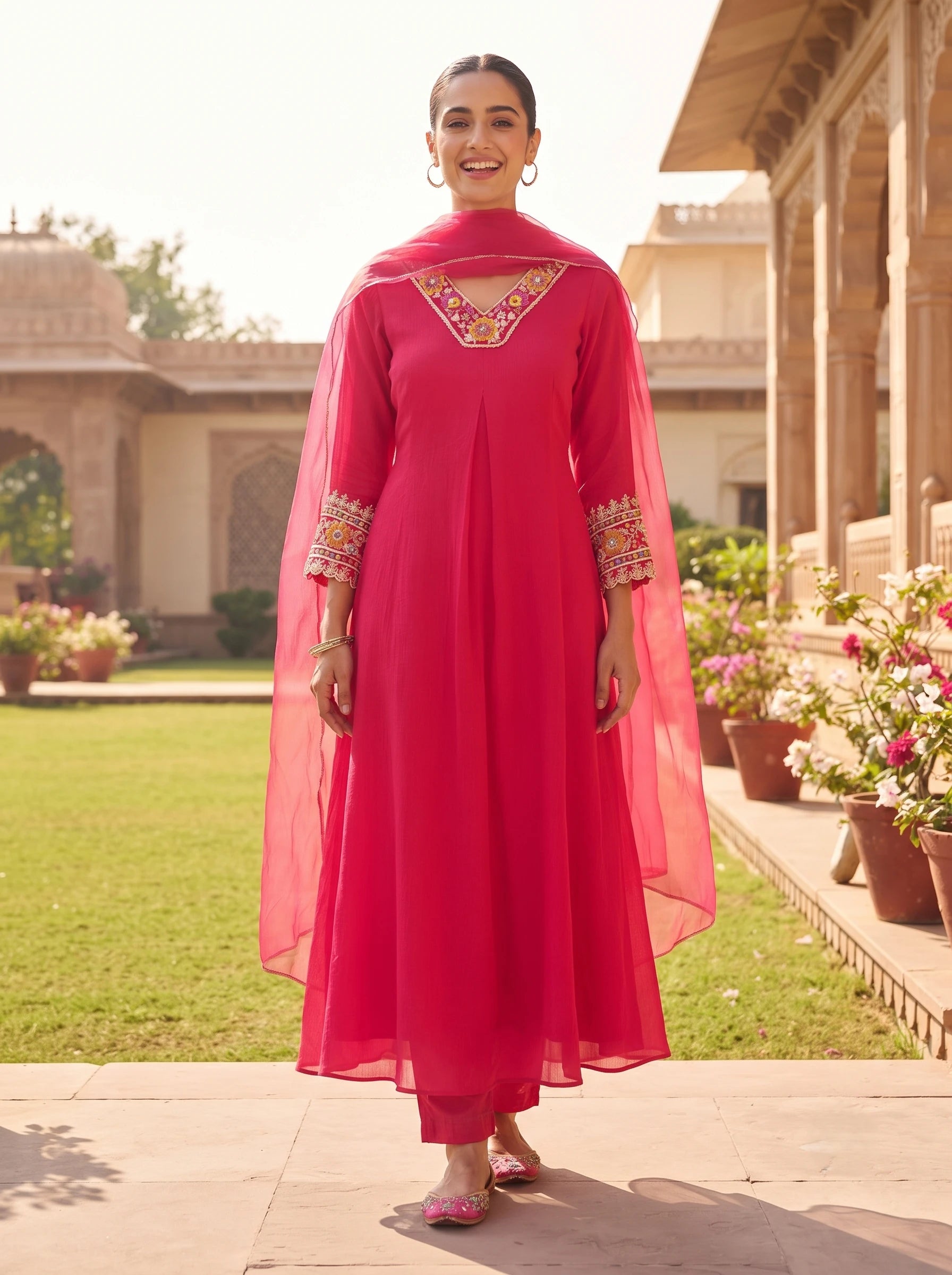 STRIKING PINK EMBELLISHED NECKLINE PURE CHINNON SUIT SET