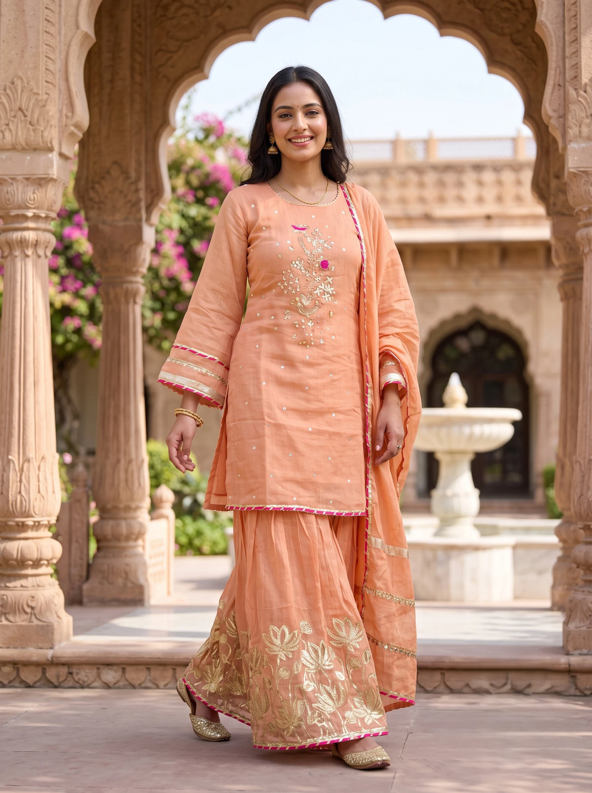 PEACH BLOOM HAND EMBROIDERED BANARSI MUL CHANDERI SUIT SET