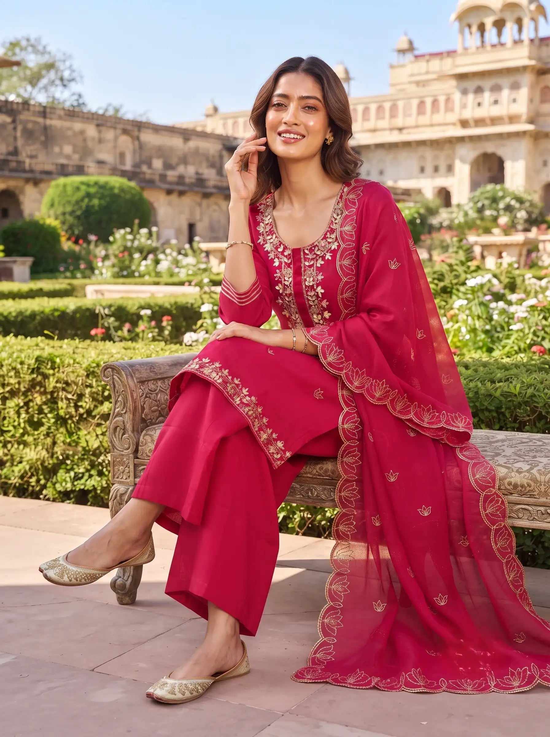 CORAL PINK GOLDEN FLORAL EMBROIDERED MUL CHANDERI SUIT SET