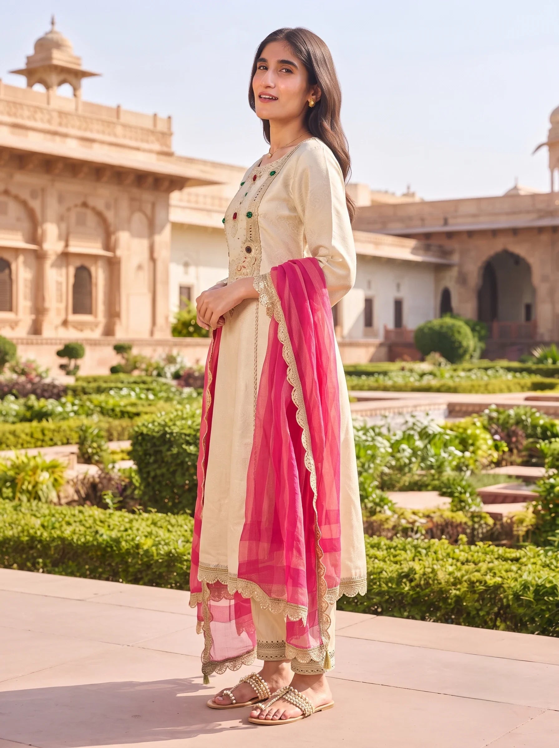 CHAMPAGNE GOLD GEMSTONE EMBELLISHED BANARSI SILK SUIT WITH DUPATTA