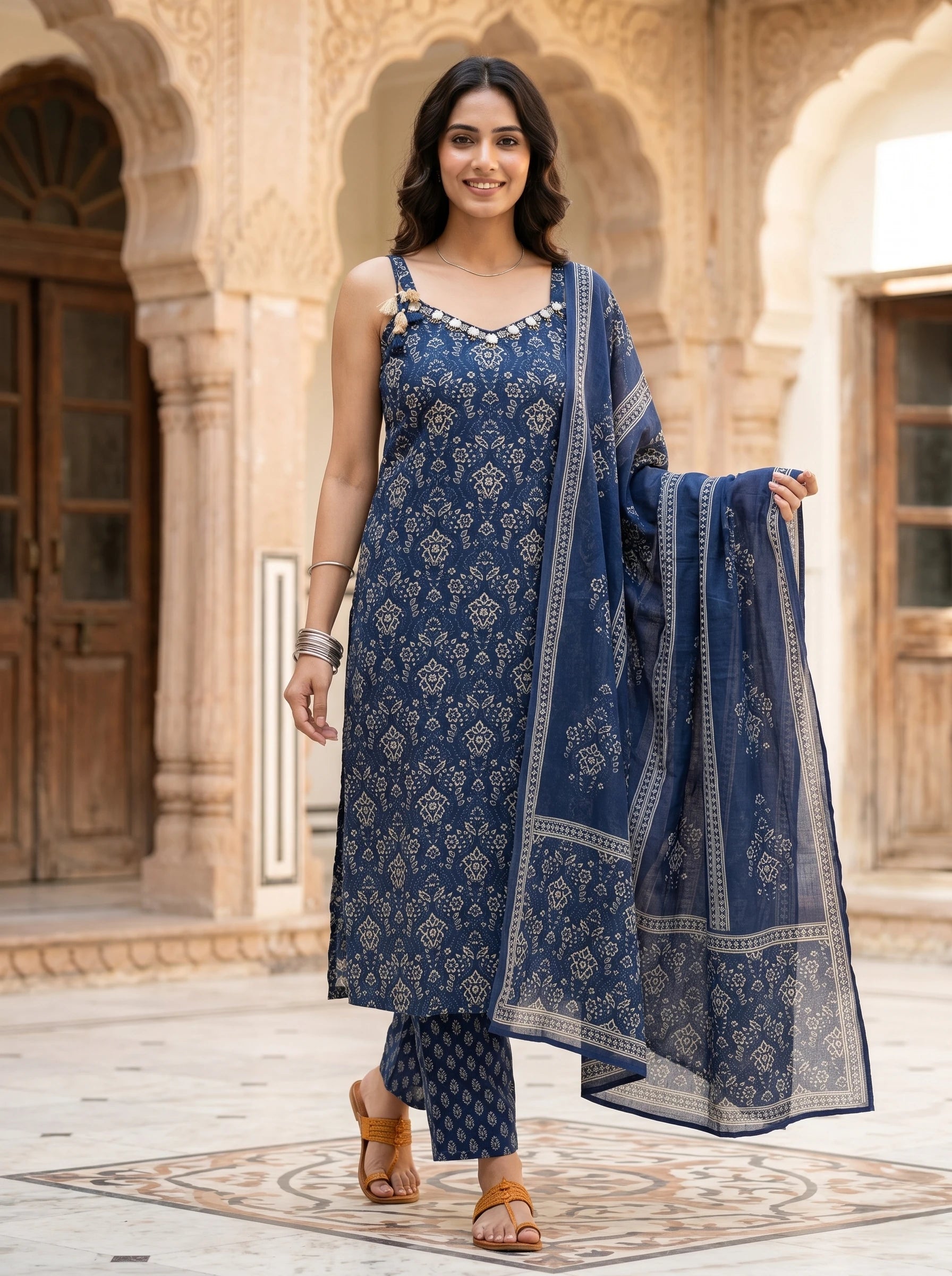 ROYAL NAVY GOLD PRINTED HANDWORK  SLEEVELESS SUIT SET