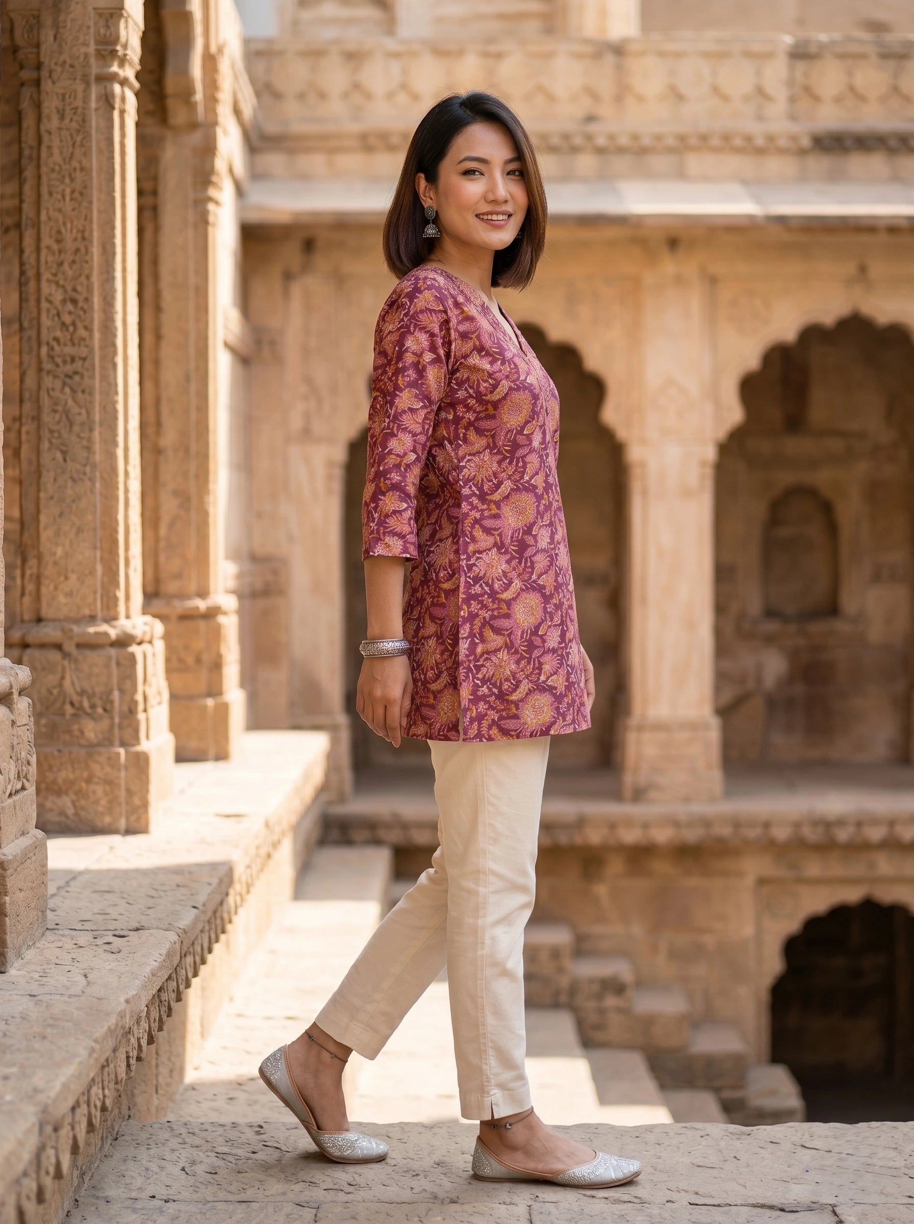 WINE FLORAL PRINT CASUAL KURTI