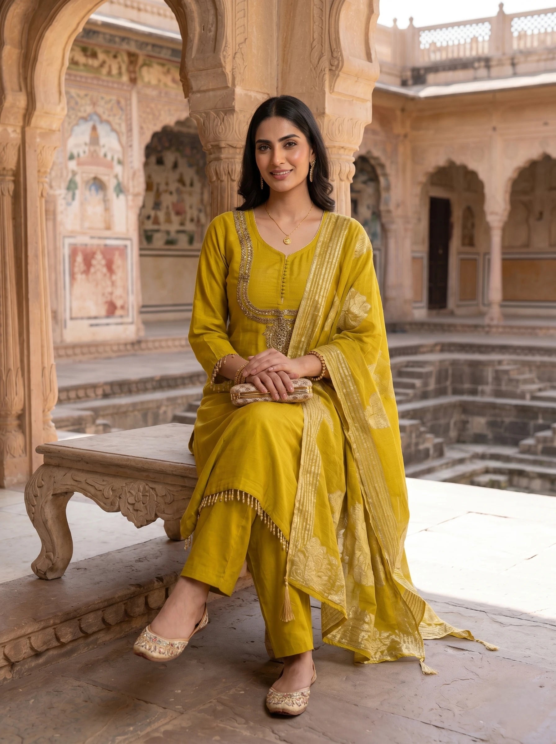 ELEGANT YELLOW KUNDAN WORK SUIT SET