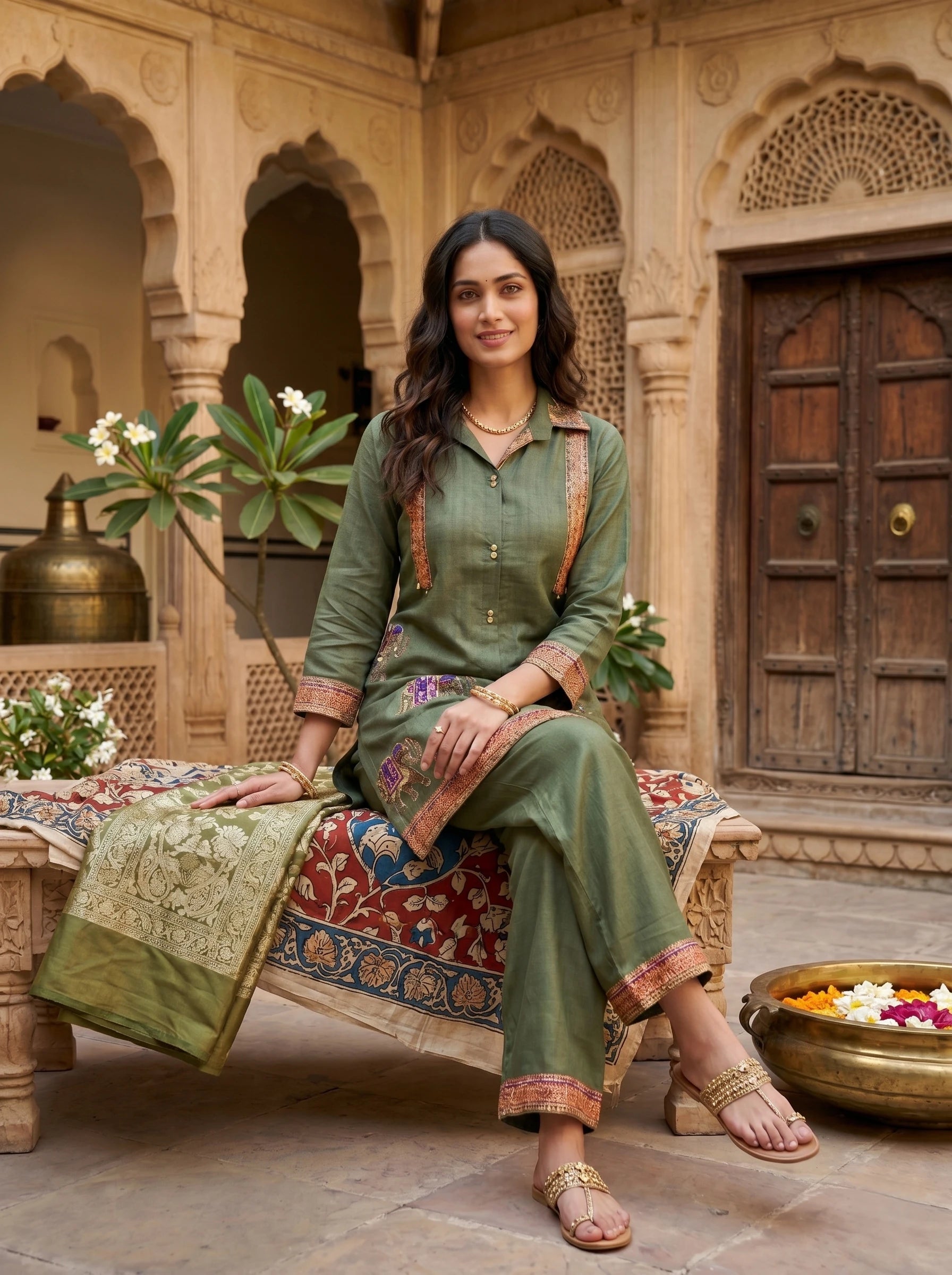 OLIVE GREEN ELEPHANT MOTIF PRINTED CO-ORD SET
