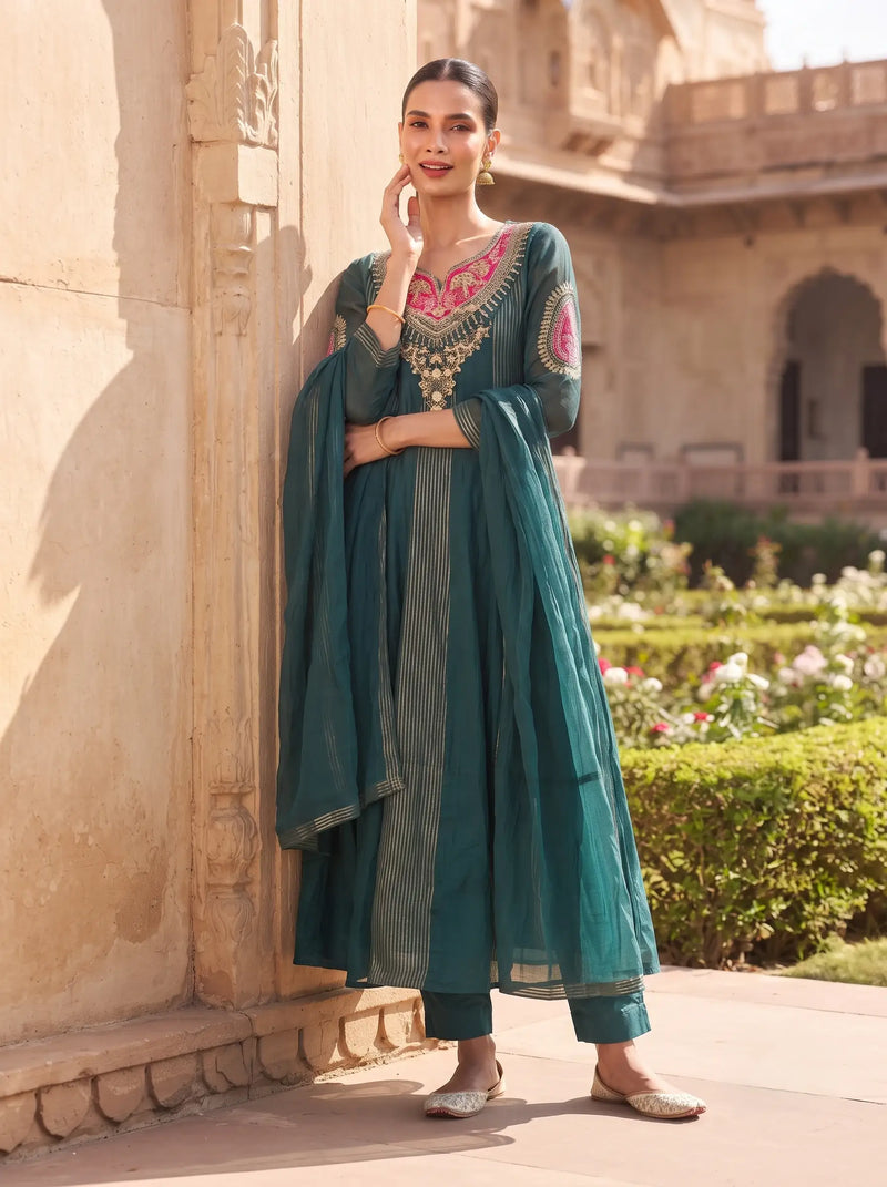 DARK TURQUOISE DESIGNER HAND EMBROIDERED FESTIVE SUIT SET