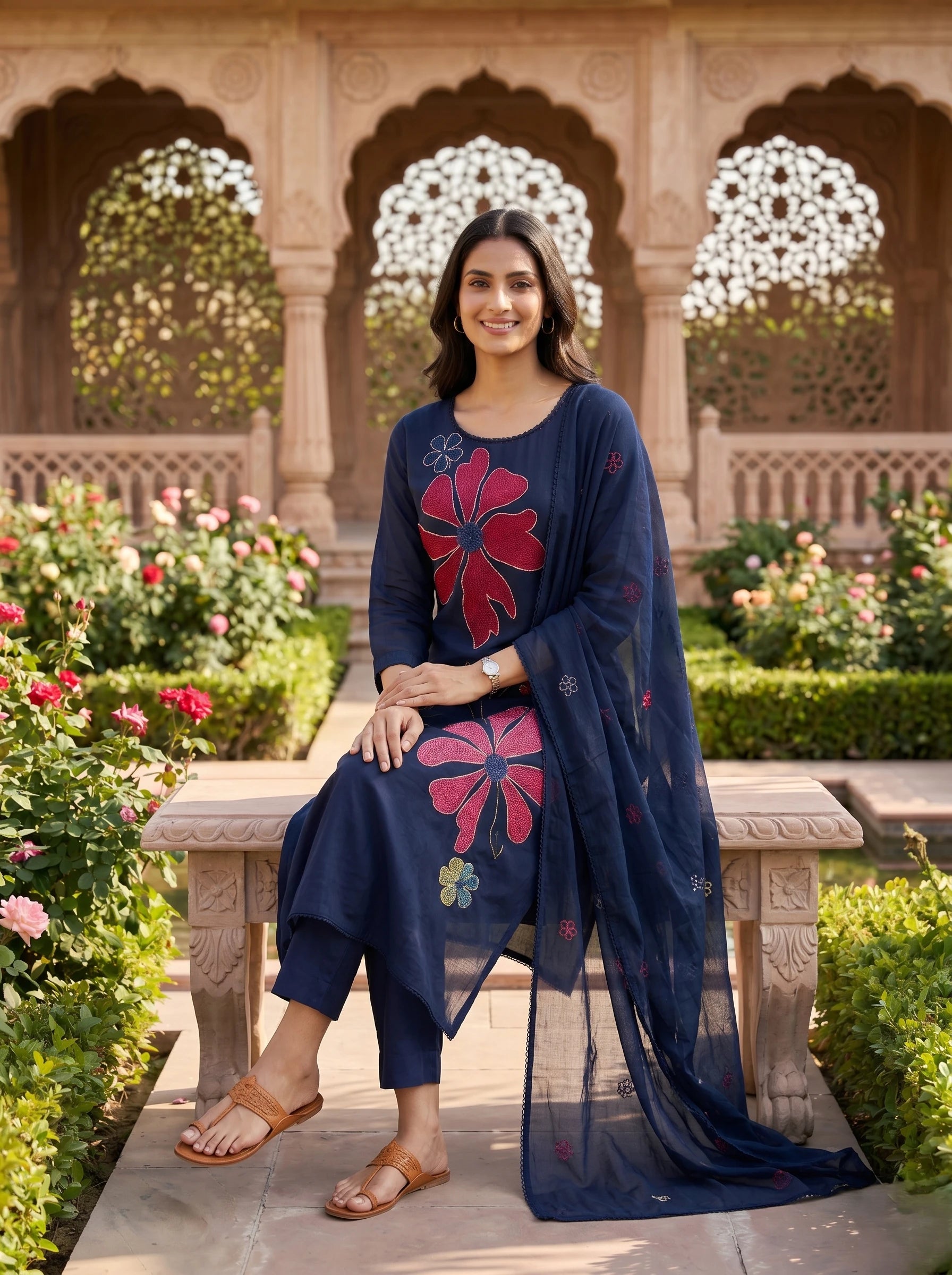 NAVY  BLOSSOM THREADWORK MUL COTTON SUIT SET