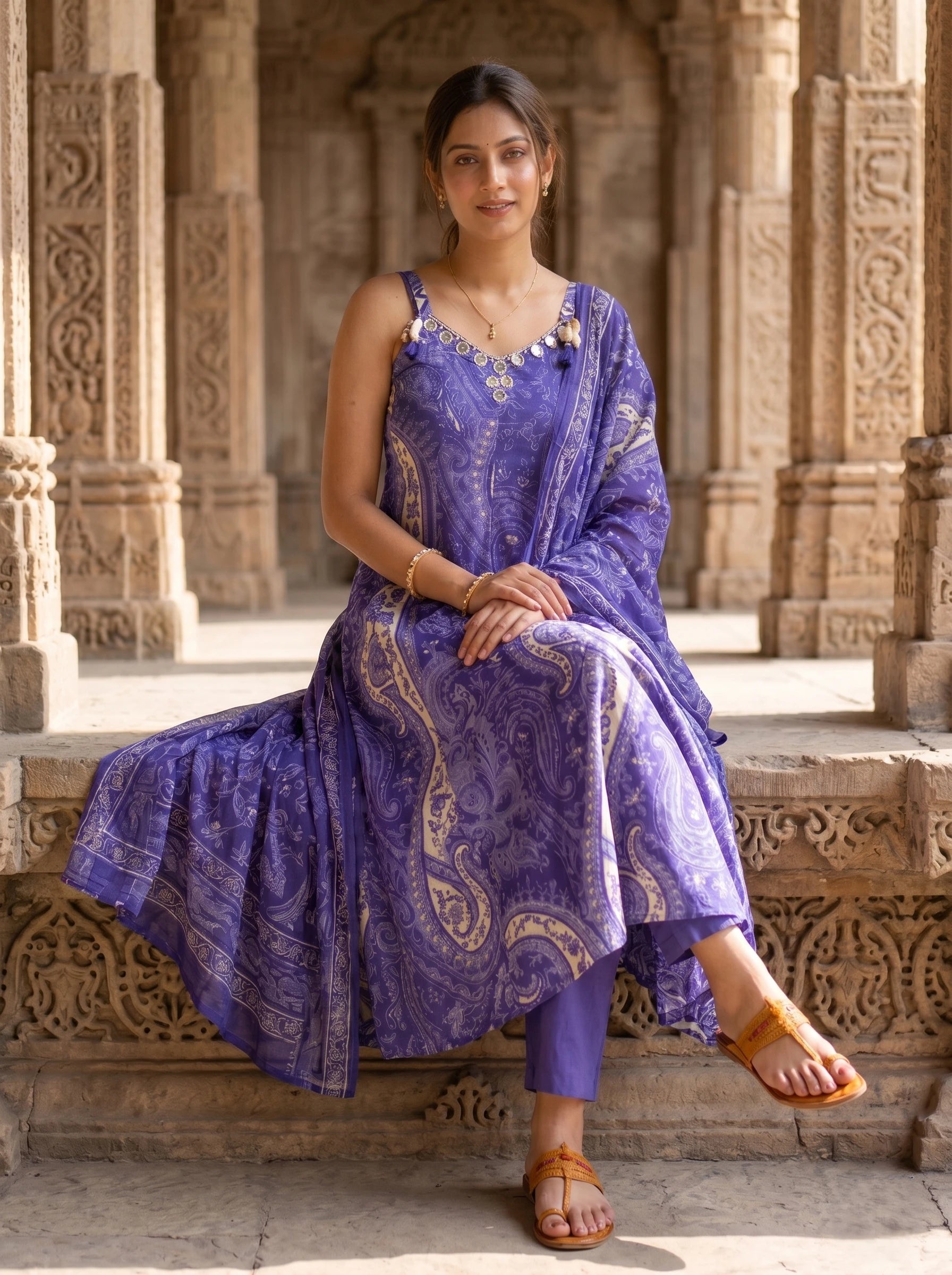 NOOR PURPLE PRINTED MIRROR WORK SLEEVELESS SUIT SET