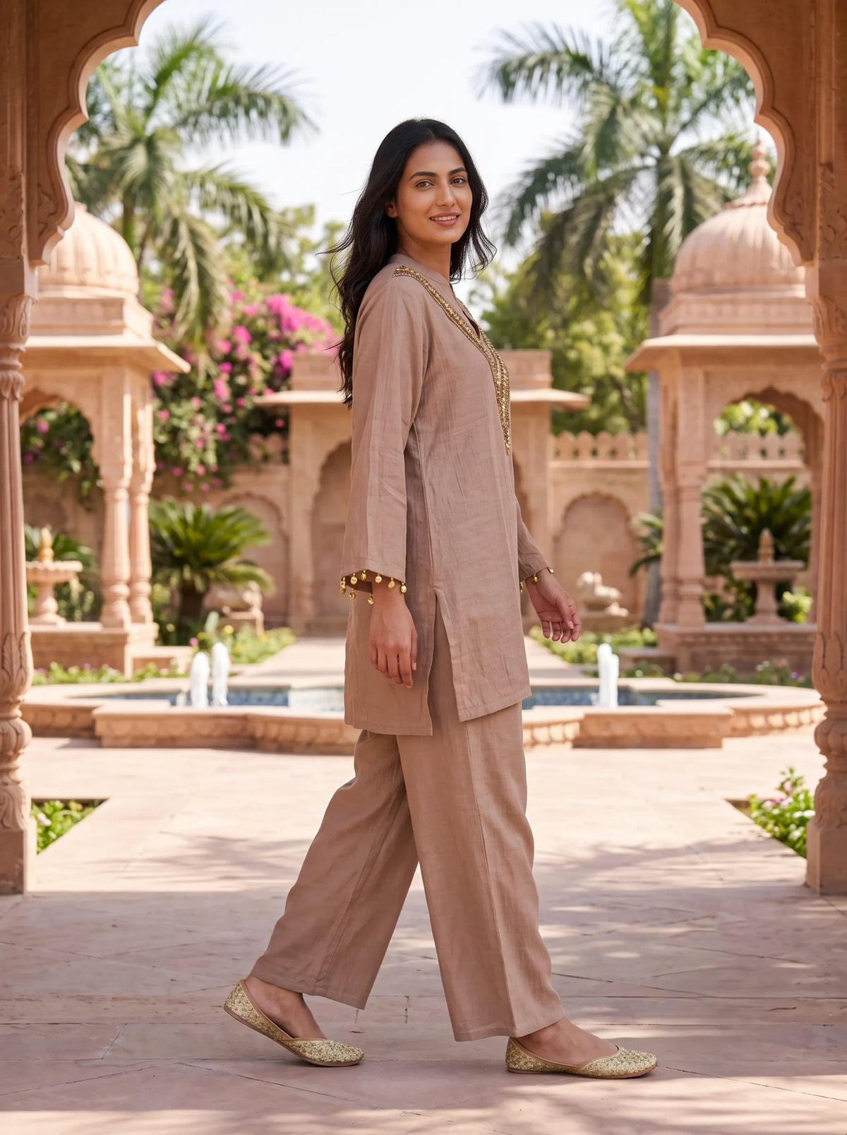 BROWN AND GOLD SEQUINED FESTIVE PURE MUSLIN CO-ORD SET