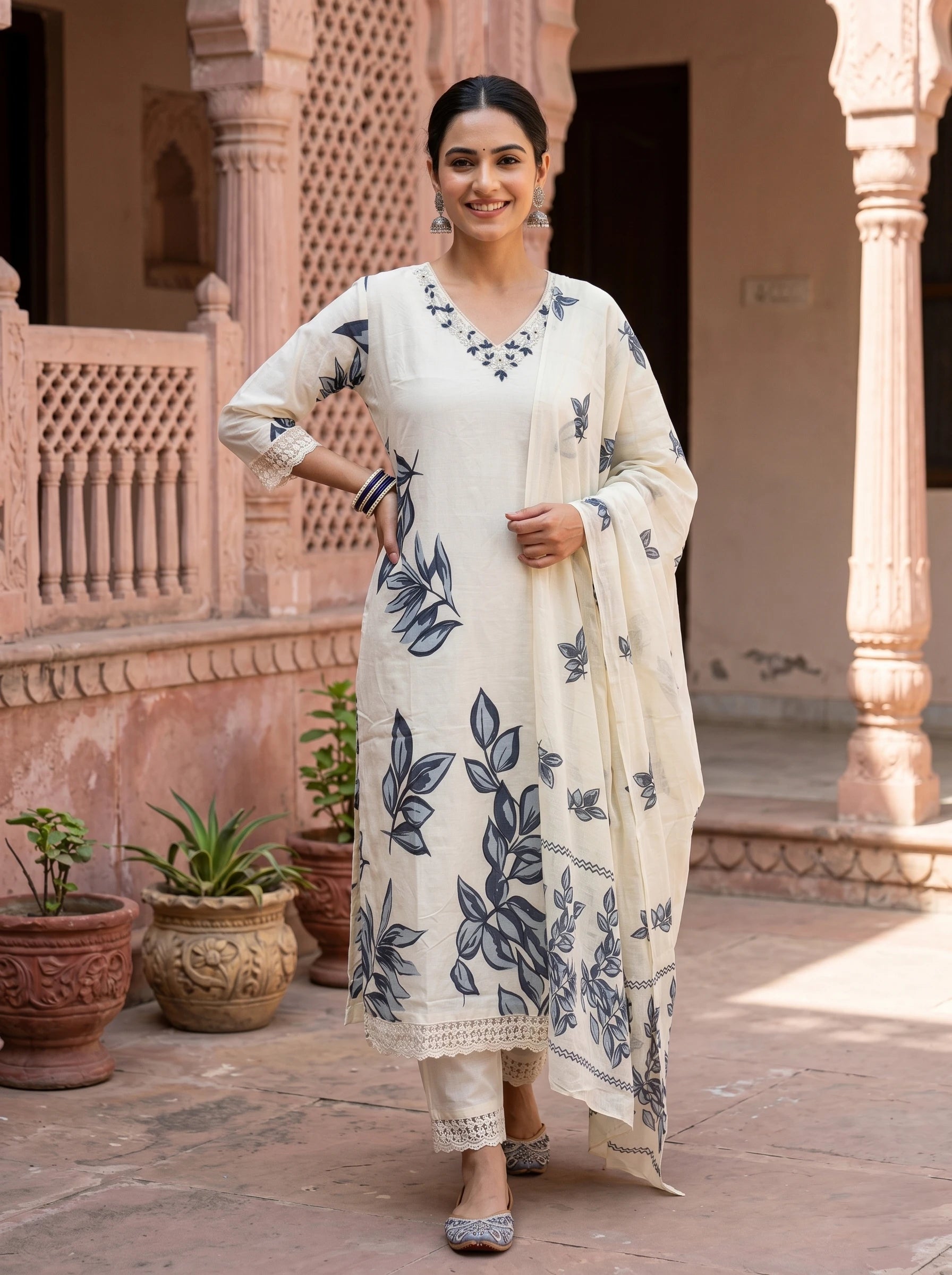 ELEGANT OFF-WHITE EMBROIDERED SUIT SET